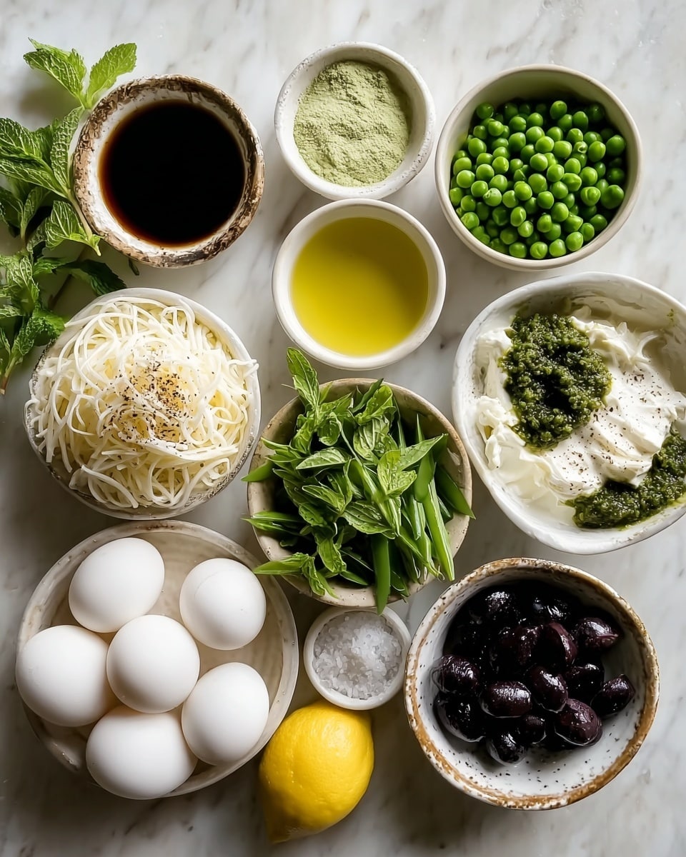 The image shows several small white bowls with different ingredients arranged on a white marbled surface. From left to right, the first bowl holds a dark liquid, the second contains white shredded cheese, the third has a nest of thin white noodles topped with green herbs and black pepper, and the fourth bowl is filled with black olives. Above these, there is a bowl with bright green peas, next to it is a bowl with a light green powder. Above those, a bowl contains a small amount of clear yellow oil, and beside it is a bowl full of coarse salt. To the left of these top bowls, there is a bowl with four peeled white boiled eggs, and a bunch of fresh green mint leaves rests partly over the eggs. Another bowl contains white creamy cheese with a pool of oil on top. Finally, the top-left bowl holds green pesto topped with chopped green beans, and next to this is a lemon sliced in half. Photo taken with an iphone --ar 4:5 --v 7