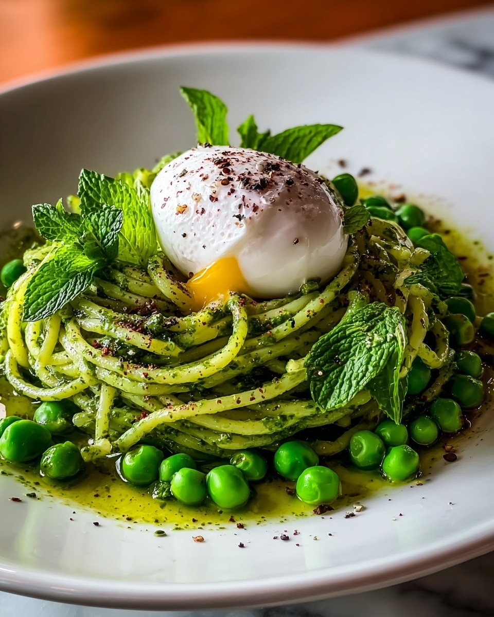 A white plate holds a nest of green pasta strands mixed with bright green peas scattered on the bottom and within the pasta. The pasta is coated in a green herb sauce with specks of dark seasoning sprinkled lightly on top. Sitting on the pasta is a single, smooth white poached egg with a small yolk drip, speckled with dark spices. Fresh green mint leaves garnish the plate, some resting on the pasta and others near the edge, adding vibrant color. The plate is set on a white marbled surface, with warm light softly highlighting the textures. photo taken with an iphone --ar 4:5 --v 7