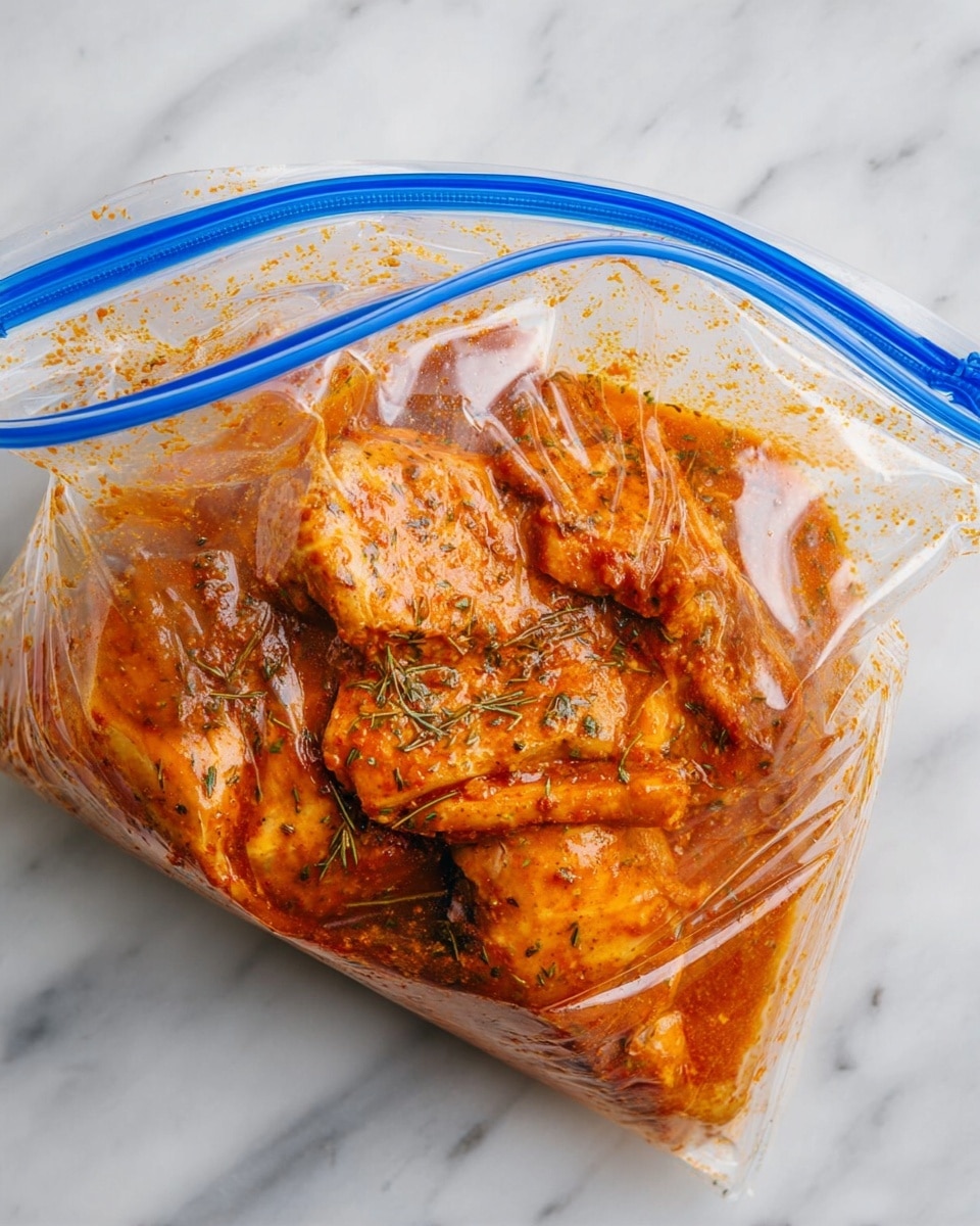 A transparent plastic zip-top bag is open, filled with pieces of chicken covered in a thick orange marinade with visible green herb flakes. The chicken pieces are layered in the bag, with some lying flat at the bottom and others slightly overlapping on top. The bag rests on a white marbled surface, and the blue zip seal runs across the top, partly open to show the chicken inside. photo taken with an iphone --ar 4:5 --v 7