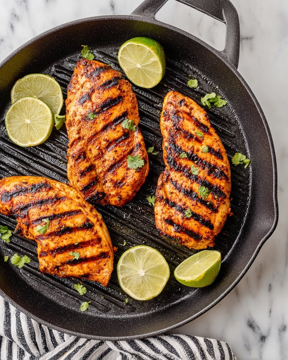A round black grill pan filled with four grilled chicken pieces, each showing clear dark grill marks and a golden-brown color with hints of orange seasoning, scattered with small green cilantro leaves. Between the chicken are three lime wedges with bright green skin and juicy, pale green flesh. The pan rests on a white marbled surface with a black and white striped cloth partially visible under one side. The whole scene has a clean, fresh look with bright lighting. Photo taken with an iphone --ar 4:5 --v 7