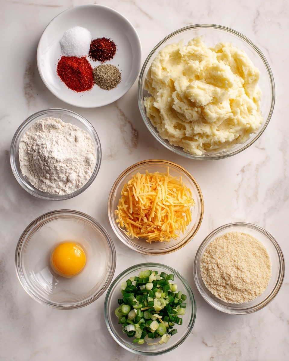 The image shows seven clear glass bowls arranged on a white marbled surface, each holding a different ingredient. The largest bowl on the top right contains light, fluffy mashed potatoes with a creamy texture. To its left, a white plate holds three piles of spices: white salt, dark brown pepper, and bright red smoked paprika, each separated. Below the spices, a medium clear bowl is filled with fine white flour. To the right of the flour, a clear bowl holds a pile of shredded orange cheese. Below the flour, a smaller clear bowl contains chopped green spring onions with white parts. To the left, a clear bowl holds a raw egg with a visible yellow yolk. At the bottom right, a bowl filled with light tan breadcrumbs. All ingredients are neatly arranged without overlap. Photo taken with an iphone --ar 4:5 --v 7