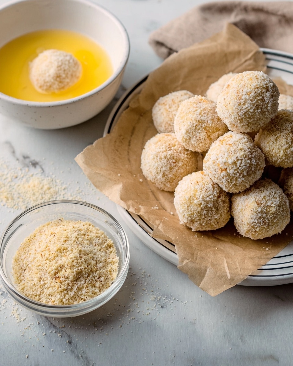 The image shows a white marbled surface with three main items: a white bowl filled with beaten yellow eggs with a single round ball dipped inside, a small clear glass bowl containing beige breadcrumbs with a slightly coarse texture, and a stack of twelve round balls coated in breadcrumbs placed on brown parchment paper on a white plate with black stripes. The balls have a rough crumbly texture and are light beige in color. Photo taken with an iphone --ar 4:5 --v 7