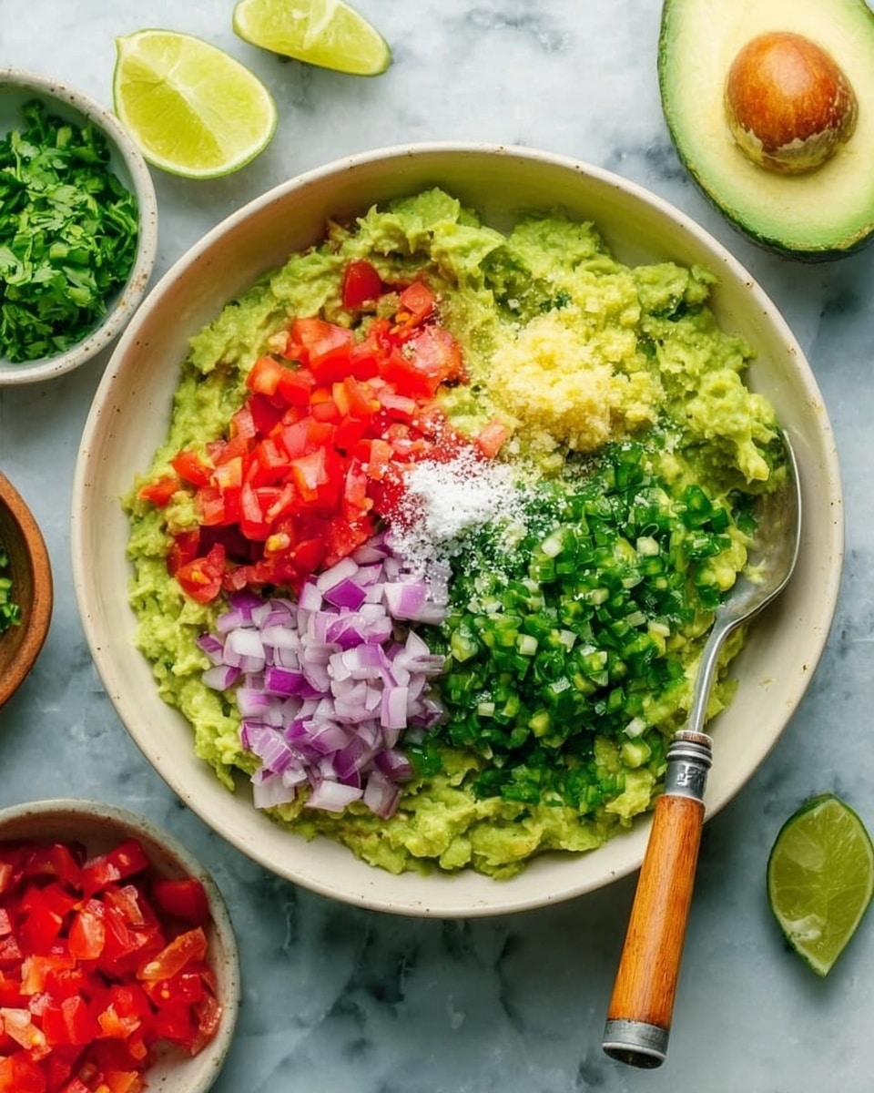 A white bowl filled with mashed bright green avocado forms the base layer, topped with separate piles of finely chopped dark green jalapeño, diced red tomatoes, chopped purple-red onions, minced yellow garlic, and finely chopped fresh green cilantro, with a sprinkle of white salt in the middle; a silver spoon with wooden handle rests inside the bowl on the right side. Around the bowl are lime wedges, half an avocado showing the seed, and small white bowls containing more chopped tomatoes, onions, and cilantro, all placed on a white marbled surface. Photo taken with an iphone --ar 4:5 --v 7