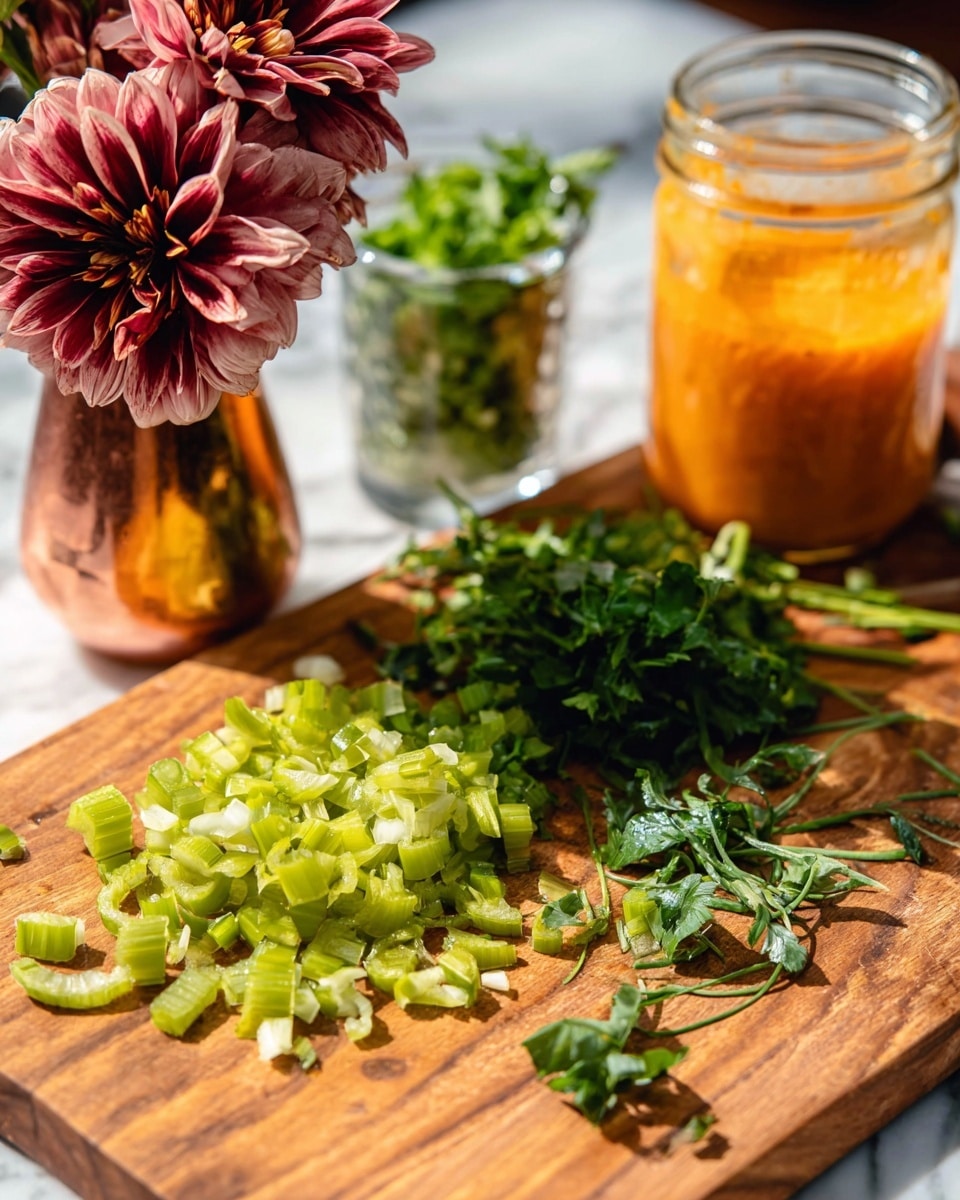 A wooden board holding finely chopped green celery pieces layered at the front, with fresh green herbs placed on top of the celery; behind it is a small stack of dark green leafy herbs, next are finely chopped green onions with white parts visible, and some dark green thin herb leaves scattered in front of them. To the right is a clear glass jar filled with a bright orange sauce. In the background, there is a clear glass measuring cup with green herbs inside. A small copper vase with two dark pink flowers sits on the left side on a white marbled surface. The photo taken with an iphone --ar 4:5 --v 7