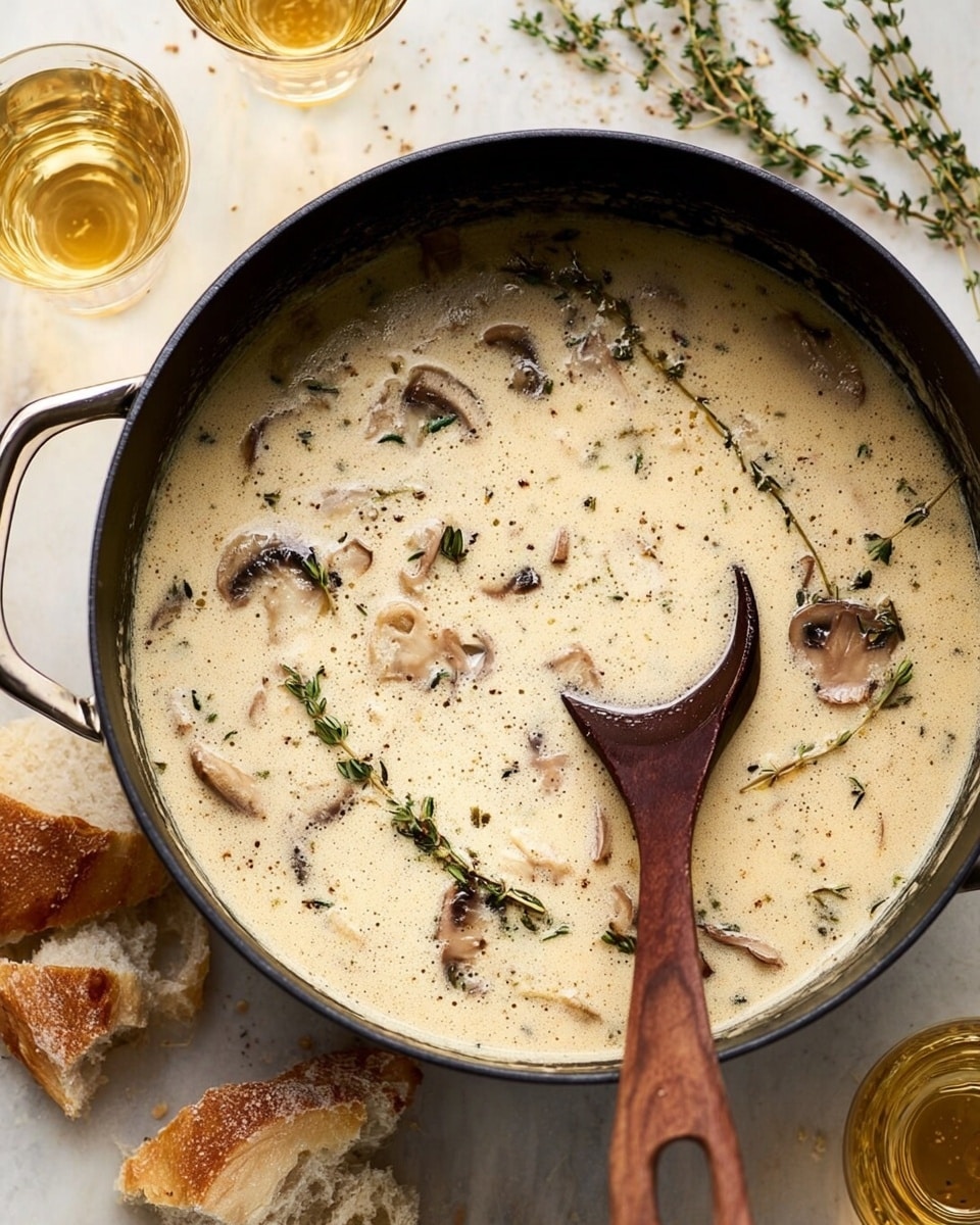 A black pot filled with creamy beige soup that has visible small chunks of mushrooms and herbs floating on the surface, with tiny green leaves scattered on top. A wooden spoon with a curved end is partially submerged, covered with some soup and resting inside the pot. Around the pot, there are two clear glasses filled with a light yellow drink, pieces of torn bread, and a few sprigs of fresh green herbs, all placed on a white marbled surface. photo taken with an iphone --ar 4:5 --v 7