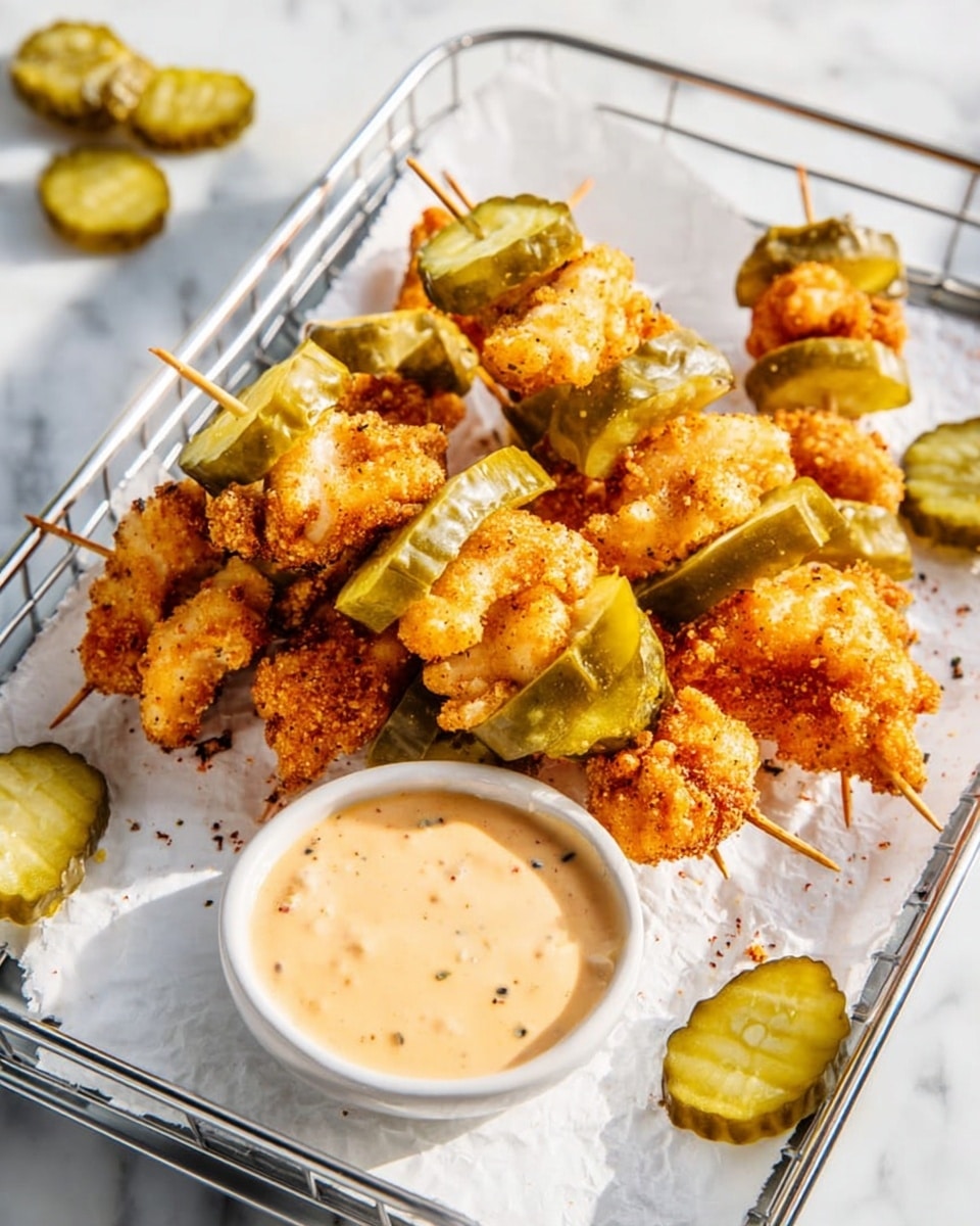 Three skewers lay side by side on a piece of white parchment paper inside a white rectangular tray with a metal grid underneath; each skewer has layers of golden brown crispy fried chicken pieces and thick, bright green pickle slices arranged alternately, about three chicken pieces and three pickles per skewer. On the right side of the tray, there is a small round metal cup filled with creamy light yellow dipping sauce with specks of seasoning. In the background, some extra pickle slices are partially visible on the white marbled surface. The light is soft and natural, highlighting the crunchy texture of the chicken and the glossy, wet look of the pickles. Photo taken with an iphone --ar 4:5 --v 7