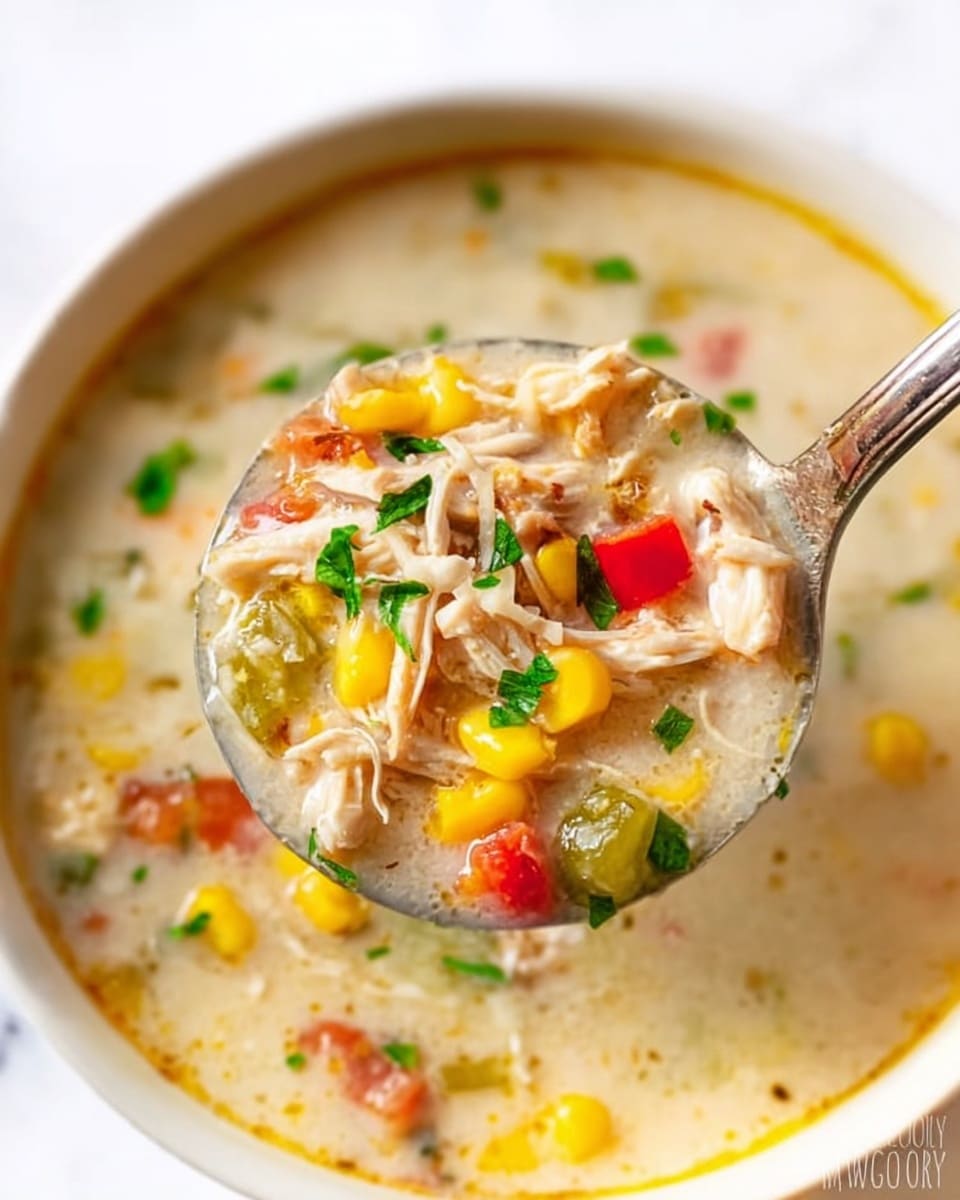 A close-up image shows a ladle full of creamy soup with visible layers and ingredients. The top layer contains small pieces of shredded white meat chicken, bright yellow corn kernels, diced red bell peppers, chopped green peppers, and finely chopped fresh green herbs scattered across. The broth is thick, light cream-colored, and slightly smooth with small bubbles around the edges. The ladle is shiny metal, with part of it shown on the right side, dipping into the soup in a white bowl. The background is a white marbled surface. photo taken with an iphone --ar 4:5 --v 7