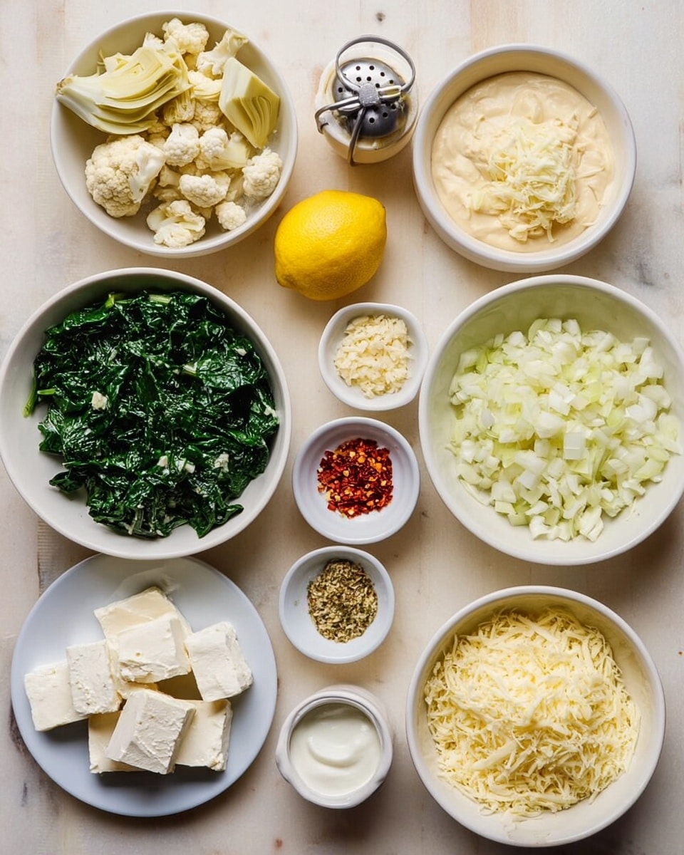The image shows many small white bowls arranged neatly on a white marbled surface. The top left bowl holds light beige chopped artichoke hearts with a rough texture. Next to it is a small bowl of light beige creamy sauce and a half lemon with bright yellow color beside a metal lemon squeezer. There is a bowl with minced pale yellow garlic, and another bowl with chopped white onion pieces. Near the center, a bigger white bowl is filled with dark green chopped spinach with a leafy texture. A small white bowl holds red chili flakes and light beige seasonings. Below, a bowl contains finely grated pale yellow parmesan cheese. Another bowl holds shredded light yellow cheese with a soft texture. In the bottom left corner, a white plate has thick chunks of white cream cheese with smooth surfaces. A small bowl of white sour cream and another with a tiny amount of clear liquid are nearby. photo taken with an iphone --ar 4:5 --v 7