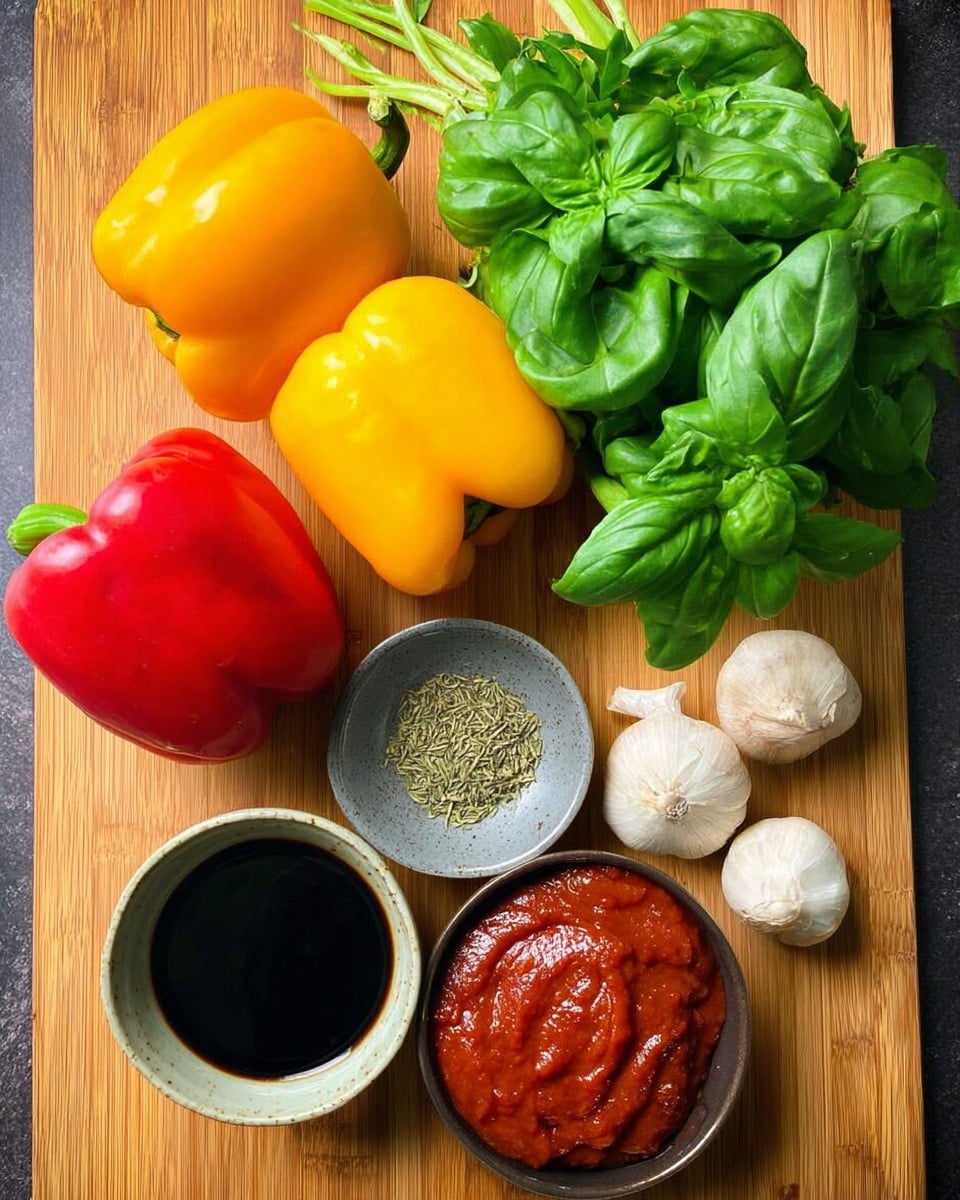 The image shows a wooden board with vibrant fresh ingredients arranged in a flat lay. There are three bell peppers, two yellow and one red, with smooth shiny skins, placed closely together near the top left. Next to them, a large bunch of fresh green basil leaves with a slightly glossy texture fills the top right area. Below the peppers, there are two garlic bulbs with papery white skin and an unpeeled onion with light brown skin. A small gray bowl filled with dried herbs is placed near the basil on the right. Two small bowls sit at the bottom of the board: one contains thick red tomato paste with a slightly chunky texture, and the other holds dark soy sauce with a glossy liquid surface. The wooden board creates a warm, natural background. photo taken with an iphone --ar 4:5 --v 7