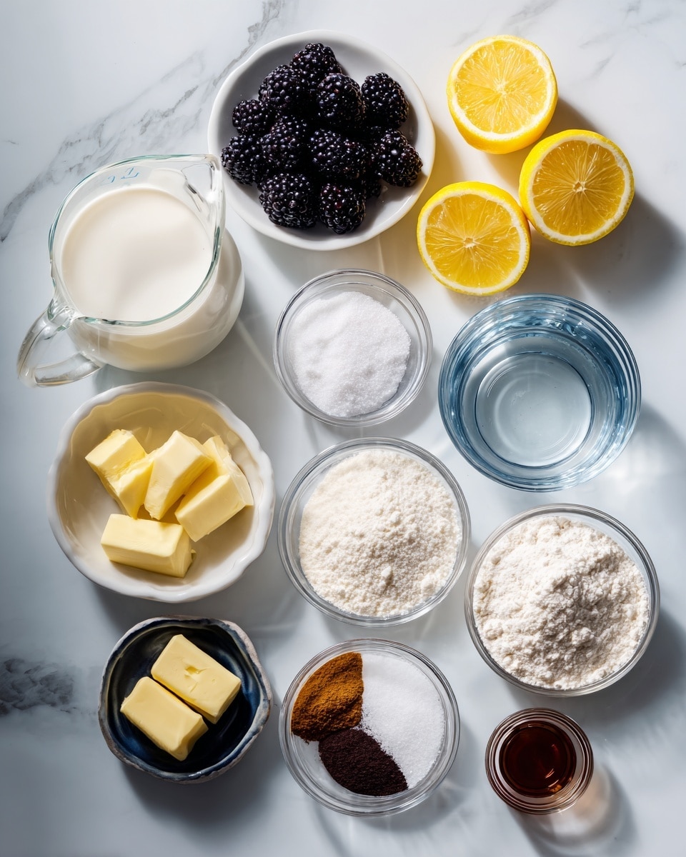 The image shows various ingredients neatly arranged on a white marbled surface, each in individual clear or white dishes. At the top left is a glass measuring cup with white buttermilk, beside it is a white bowl filled with dark blackberries. Near the top right are two lemon halves with bright yellow flesh. Below the lemons is a small clear bowl containing white salt. To the right center, a large clear bowl holds a mound of light flour. Below the flour, another clear bowl contains clear water. Near the middle left is a white bowl filled with white sugar. A small clear bowl below the sugar has white baking powder. Next to this is a tiny clear bowl of dark cinnamon powder. Near the baking powder is a tiny clear bowl of brown vanilla extract. At the bottom left, a dark small dish holds chunks of pale yellow butter. The scene is softly lit and arranged neatly for clear viewing, photo taken with an iphone --ar 4:5 --v 7