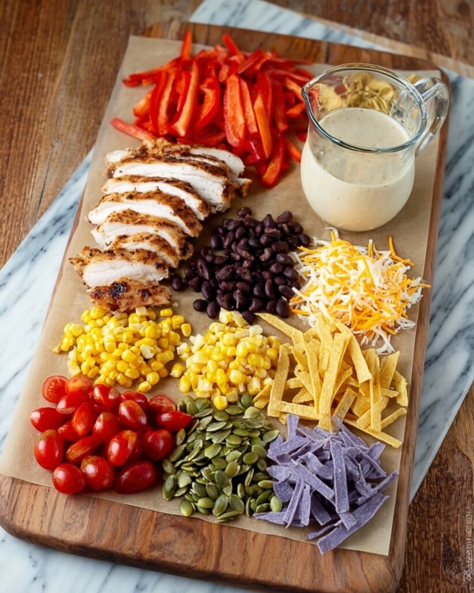 A wooden board holds eight groups of ingredients arranged separately in a neat pattern. On one side, there are slices of grilled chicken with a brown crispy outside on parchment paper. Next to it are thin strips of red bell pepper. Beside the peppers, there is a small pile of shredded yellow and white cheese. In front of the cheese is a clear glass pitcher filled with light-colored dressing. Moving leftward along the board, there are black beans, yellow corn kernels, and quartered cherry tomatoes arranged in small piles. Finally, there are multicolored blue, purple, and yellow tortilla strips and a small pile of green pumpkin seeds. The scene is on a white marbled surface. Photo taken with an iphone --ar 4:5 --v 7