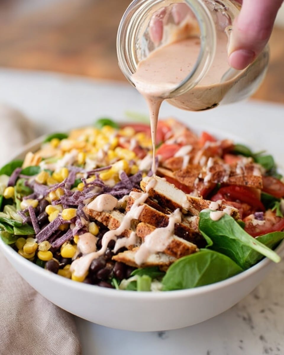 A white bowl filled with a colorful layered salad sits on a white marbled surface. The first layer is green leafy spinach and lettuce, covering the bottom of the bowl. On top of the greens, there are bright yellow corn kernels, dark black beans, small red tomato halves, thin strips of purple and red tortilla chips, and light shredded cheese scattered evenly. Golden-brown grilled chicken strips are placed in the middle layer spreading across the bowl. A woman's hand is pouring light pink creamy salad dressing from a small glass jar onto the top of the salad, with the dressing drizzling over the chicken and other ingredients. The background is softly blurred, keeping the focus on the fresh and colorful salad. photo taken with an iphone --ar 4:5 --v 7