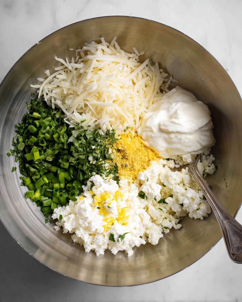 In a large metal bowl on a white marbled surface, there are five main layers of ingredients separated but ready to mix: at the bottom left, there are finely chopped green onions and fresh green herbs, the top left contains shredded white cheese, the top right has a dollop of creamy white sour cream with small yellow lemon zest on top, the bottom right shows crumbled white cheese, and in the center between these ingredients is a small pile of yellow lemon zest and seasoning powders. A metal spoon rests inside the bowl near the sour cream. photo taken with an iphone --ar 4:5 --v 7