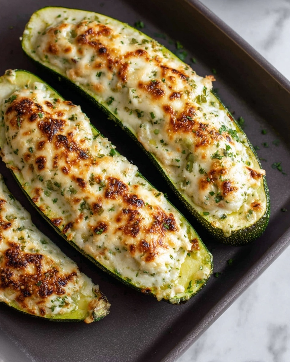 Two zucchini halves are filled with a creamy, melted cheese layer that has a golden-brown top with some browned spots. The cheese filling looks soft with small green herb bits sprinkled throughout, and the zucchini skin is a bright green with a slightly rough texture. They are placed on a dark baking dish, sitting on a white marbled surface. photo taken with an iphone --ar 4:5 --v 7