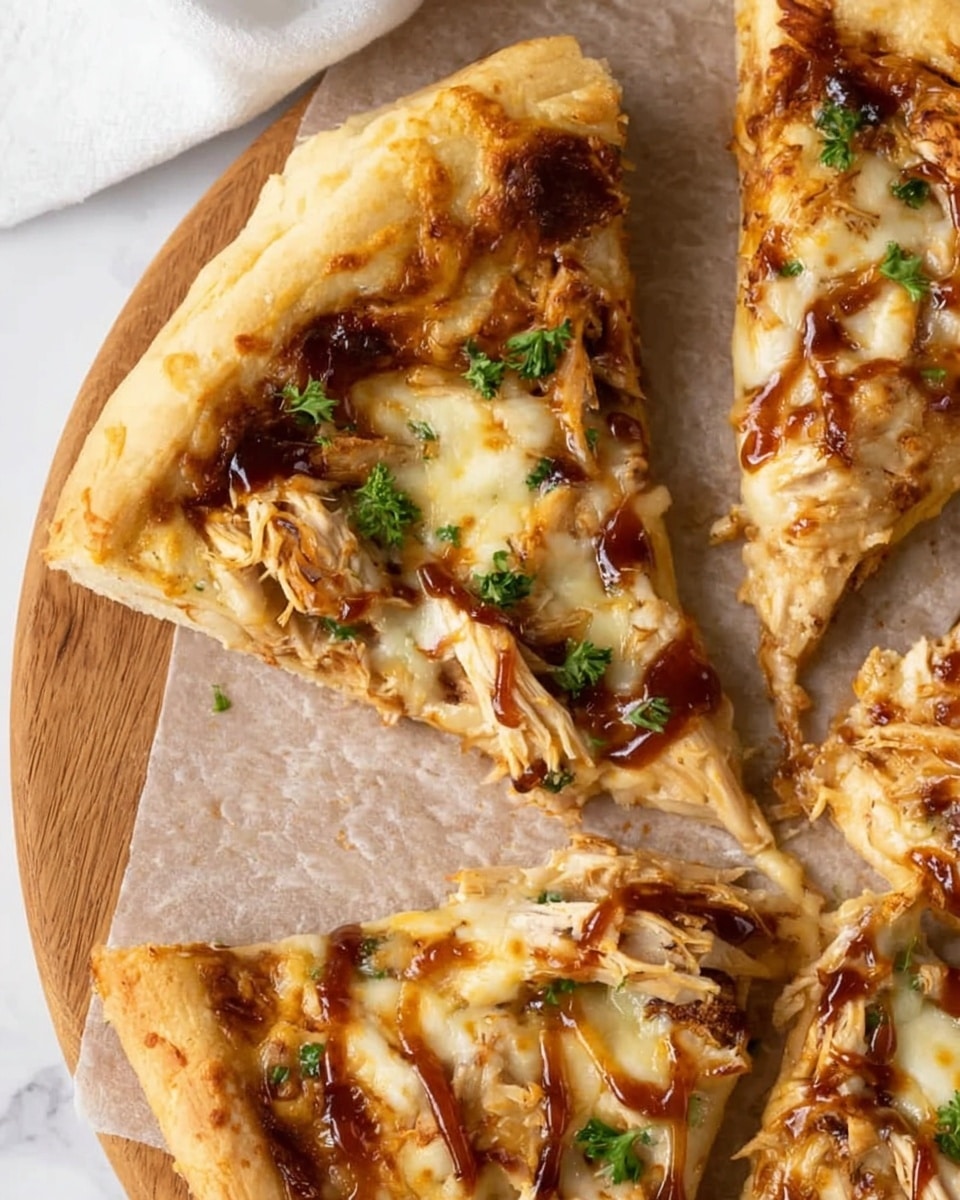 A close-up of three slices of pizza on parchment paper over a round wooden board, placed on a white marbled surface. The pizza has a thick, golden brown crust on the edges with a soft texture. Each slice has melted light yellow cheese with brown cooked patches, dark brown barbecue sauce swirls, and shredded light brown chicken pieces on top. Small green parsley leaves are scattered to add color. The slices have a rustic, homemade look with uneven cheese coverage. Photo taken with an iphone --ar 4:5 --v 7