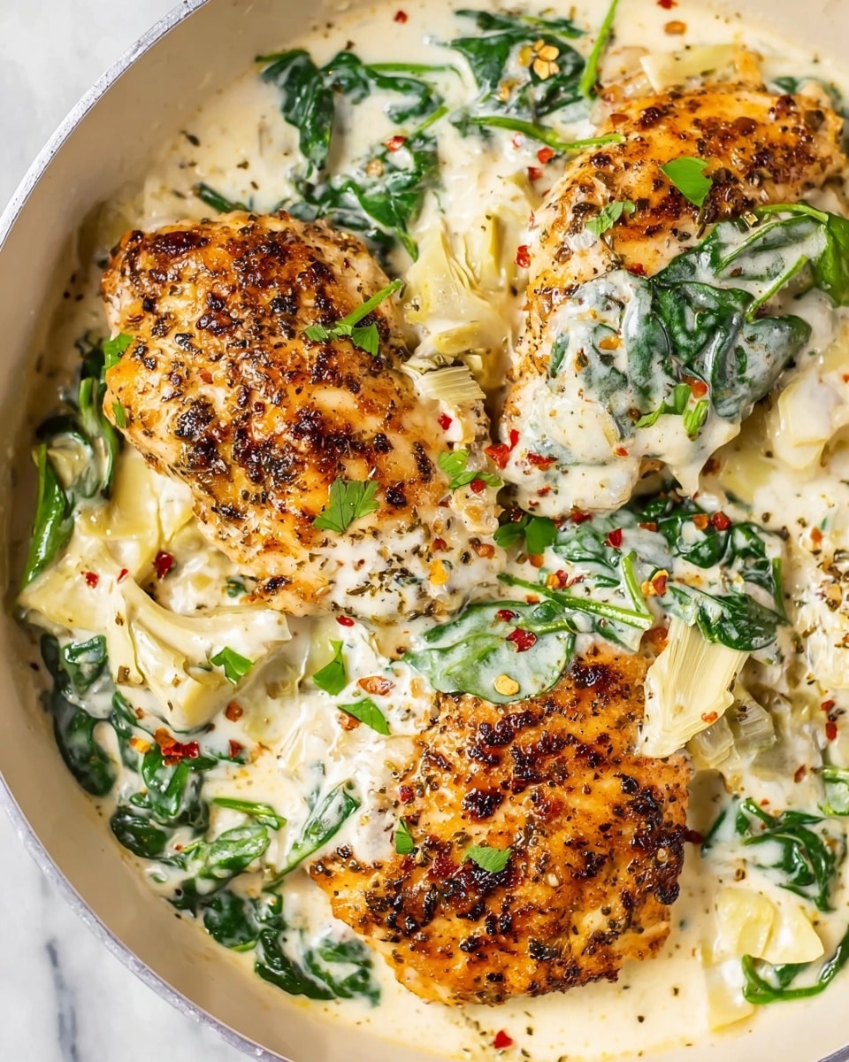 The dish shows three pieces of golden brown seasoned chicken with a crispy outer texture, partially covered by a creamy white sauce. The sauce has visible small chunks of white onion and artichoke pieces throughout. Bright green spinach leaves are scattered on top and around the chicken, adding fresh color. A few red pepper flakes are sprinkled lightly over the whole dish. Everything is served in a white pan on a white marbled surface. photo taken with an iphone --ar 4:5 --v 7
