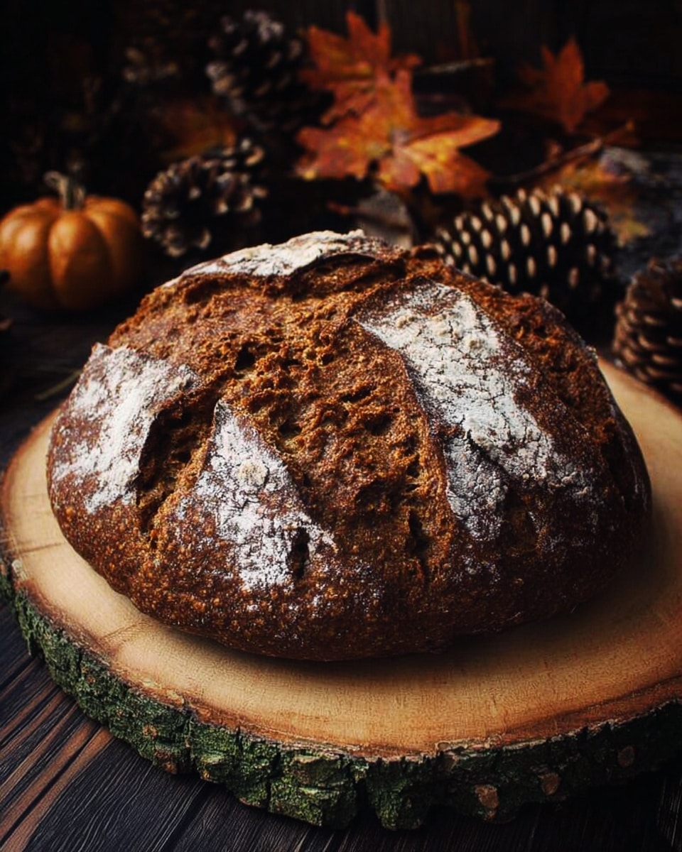 A round loaf of dark brown bread with a rough, crusty texture sits on a round wooden board with bark edges. The top of the bread has white flour dusted over it and shows deep cracks revealing a dense, moist inside. The background is dark with autumn leaves and pinecones scattered around, adding a warm, earthy feel. The photo taken with an iphone --ar 4:5 --v 7