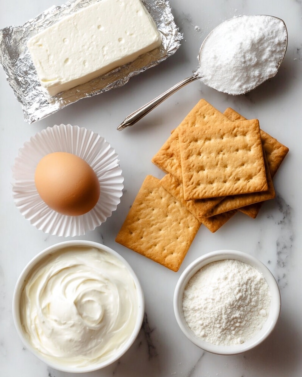 The image shows a white marbled surface with several ingredients arranged neatly. There are two clusters of rectangular golden-brown crackers, one stack of five near the top right and another stack of three near the bottom left. A round white paper cupcake liner holds a single brown egg near the center. Near the top left, a rectangular block of cream cheese is still partially wrapped in silver foil. At the top right, a small white bowl is filled with white granulated sugar and topped with another brown egg. Near the bottom right, a small white bowl is filled with smooth, thick white cream. Above this bowl, a silver spoon holds a heap of white powder, likely flour or powdered sugar. The composition is well spaced on the white marbled surface, giving a clean and fresh look photo taken with an iphone --ar 4:5 --v 7