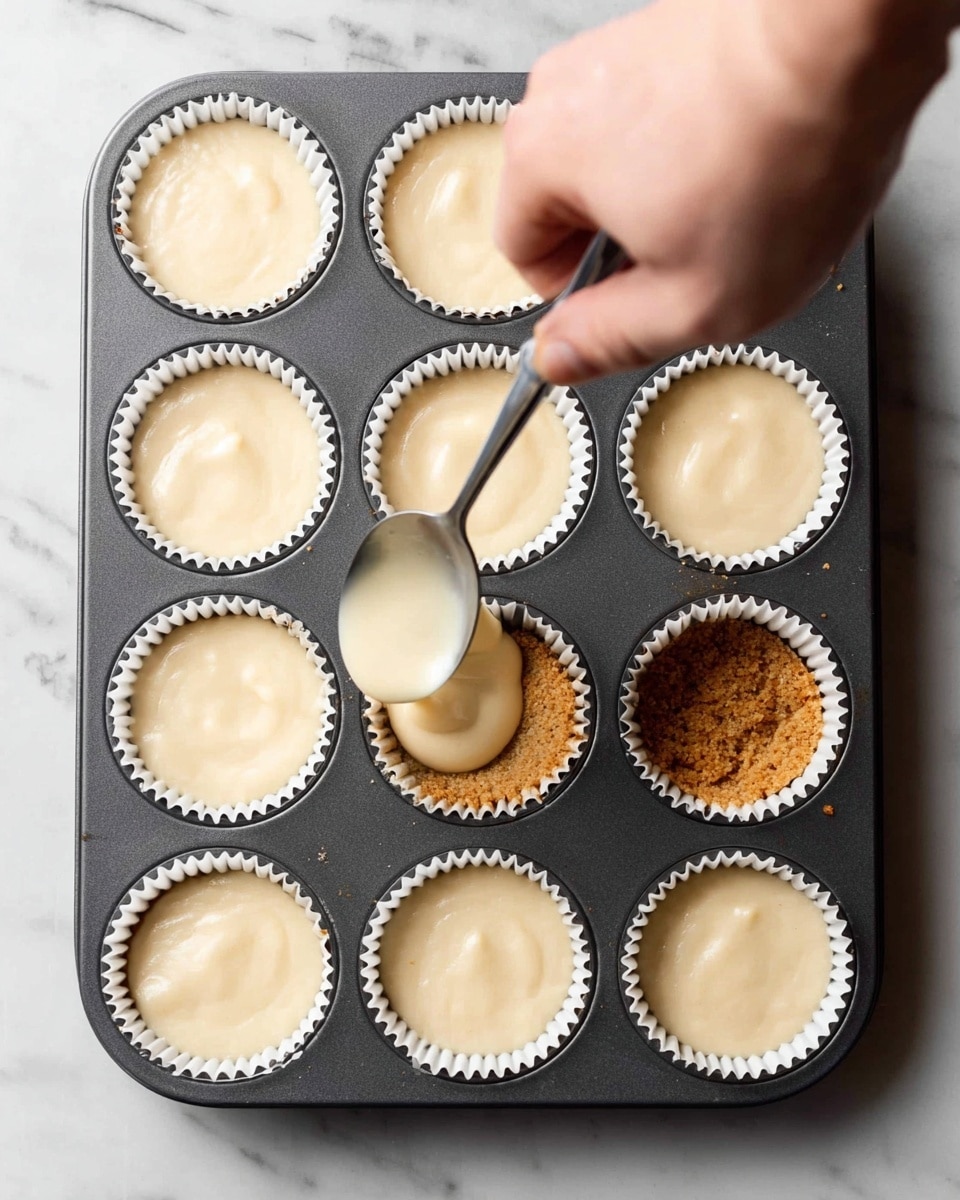 A dark gray muffin tray holds eight white paper liners filled with light beige creamy batter, except one liner showing a crumbly, golden brown crust at the bottom. A woman's hand is holding a silver spoon above that liner, pouring more of the smooth beige batter over the crust, partially covering it. The tray sits on a white marbled surface with light gray veins, and the batter layers are thick and soft with a slightly glossy texture. photo taken with an iphone --ar 4:5 --v 7