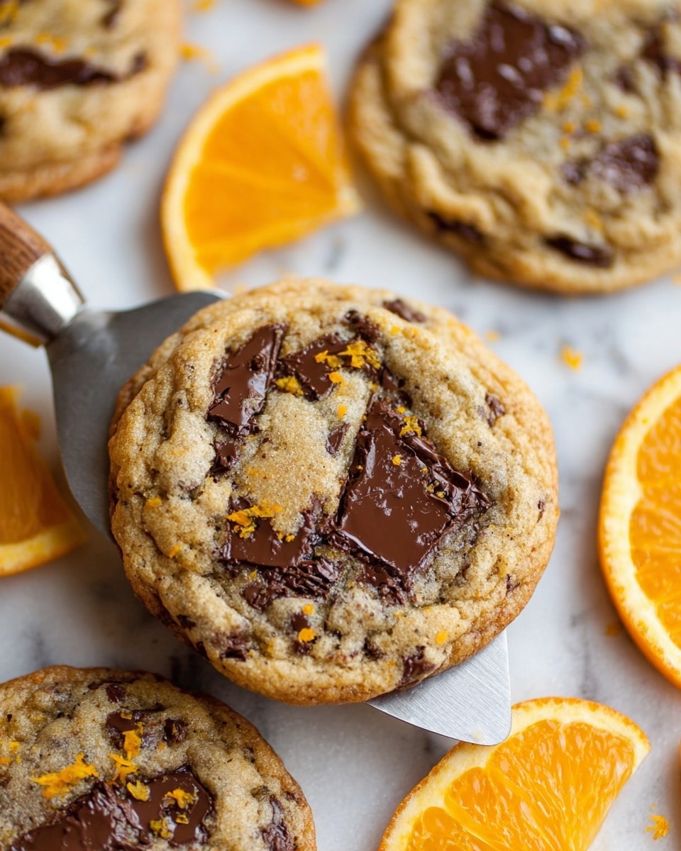 A close-up view of a golden brown chocolate chip cookie with large melted dark chocolate chunks spread unevenly over its top layer, specks of orange zest sprinkled lightly on the surface, and a slightly crisp and textured edge. The cookie is being lifted by a silver spatula, surrounded by similar cookies, and several bright orange slices scattered around on a white marbled background. Photo taken with an iphone --ar 4:5 --v 7