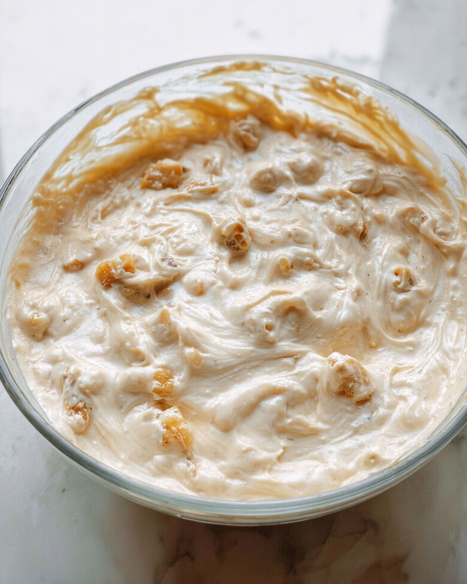 The image shows a close-up view of a clear glass bowl filled with a thick creamy mixture. The mixture is light beige with creamy white swirls, and there are small chunks of light brown and pale yellow ingredients mixed evenly throughout. The texture looks smooth and rich with some bumpy bits scattered on top. The bowl sits on a white marbled surface with soft lighting highlighting the glossy, creamy texture of the mixture. photo taken with an iphone --ar 4:5 --v 7