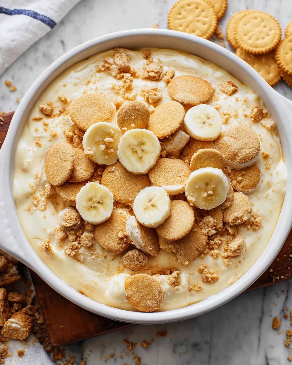 A white round casserole dish filled with a creamy pale yellow banana pudding layer that covers the bottom, topped with broken golden-yellow vanilla wafer cookies scattered unevenly across the surface, and thin slices of fresh pale yellow banana placed on top and mixed in with the cookies. The background is a white marbled surface with some whole vanilla wafer cookies visible near the top right corner. photo taken with an iphone --ar 4:5 --v 7
