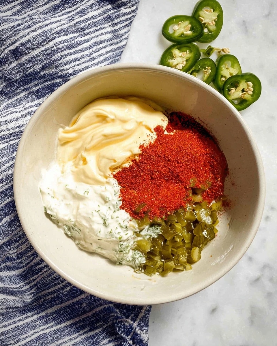 In a white bowl, there are four distinct layers and textures side by side. One layer is creamy and pale yellow, smooth in texture, positioned at the top left. Below it is a white creamy layer with a thicker consistency. To the bottom right is a bright red powdered spice layer with a fine texture. Finally, at the top right is a green chopped pickled layer with bits of white cream mixed in. The bowl sits on a blue and white striped cloth over a white marbled surface with sliced green jalapeño pieces lying nearby. Photo taken with an iphone --ar 4:5 --v 7