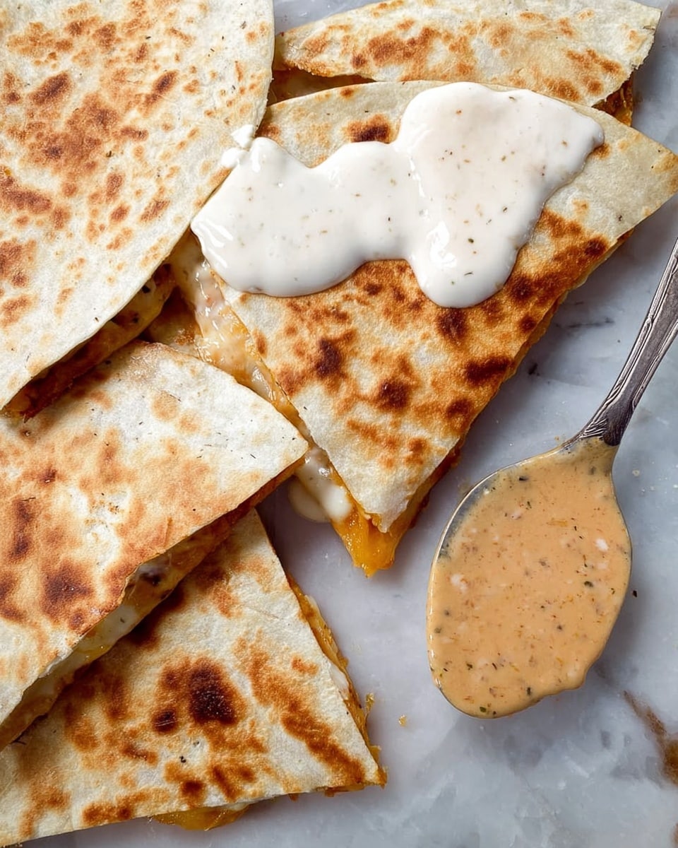 The image shows a folded quesadilla that is cut into triangular pieces with a golden-brown toasted flour tortilla as the base layer. Inside, you can see melted cheese and bits of cooked filling peeking out from the edges. On the top of one triangle, there are two dollops of sauces, one white and creamy and the other light brown with specks, poured on top. Next to the quesadilla pieces, a silver spoon holds some of the light brown sauce. The whole scene is set on a white marbled surface. photo taken with an iphone --ar 4:5 --v 7