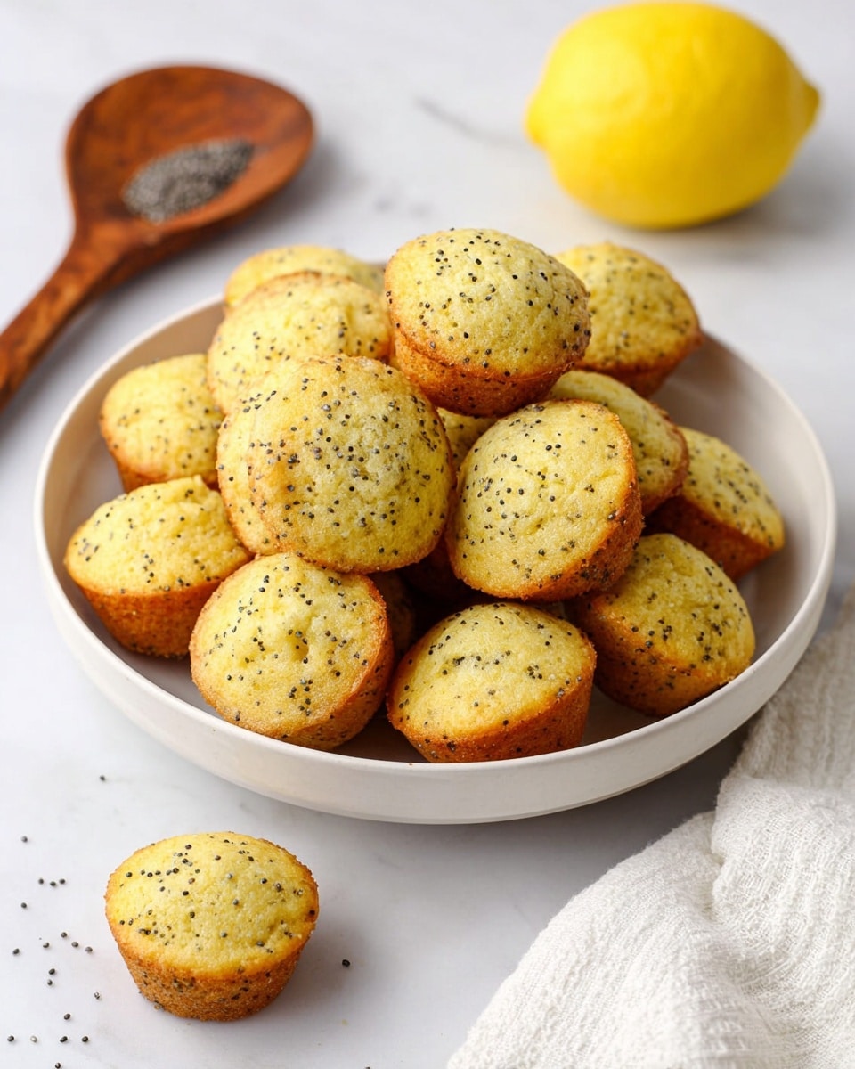 A white bowl filled with many small, round muffins that are light golden-brown on the top and sides, with visible tiny black seeds spread evenly throughout each muffin. The muffins have a soft, slightly crumbly texture and are piled on top of each other, filling the bowl. The background is a white marbled surface with a few scattered seeds on it. photo taken with an iphone --ar 4:5 --v 7