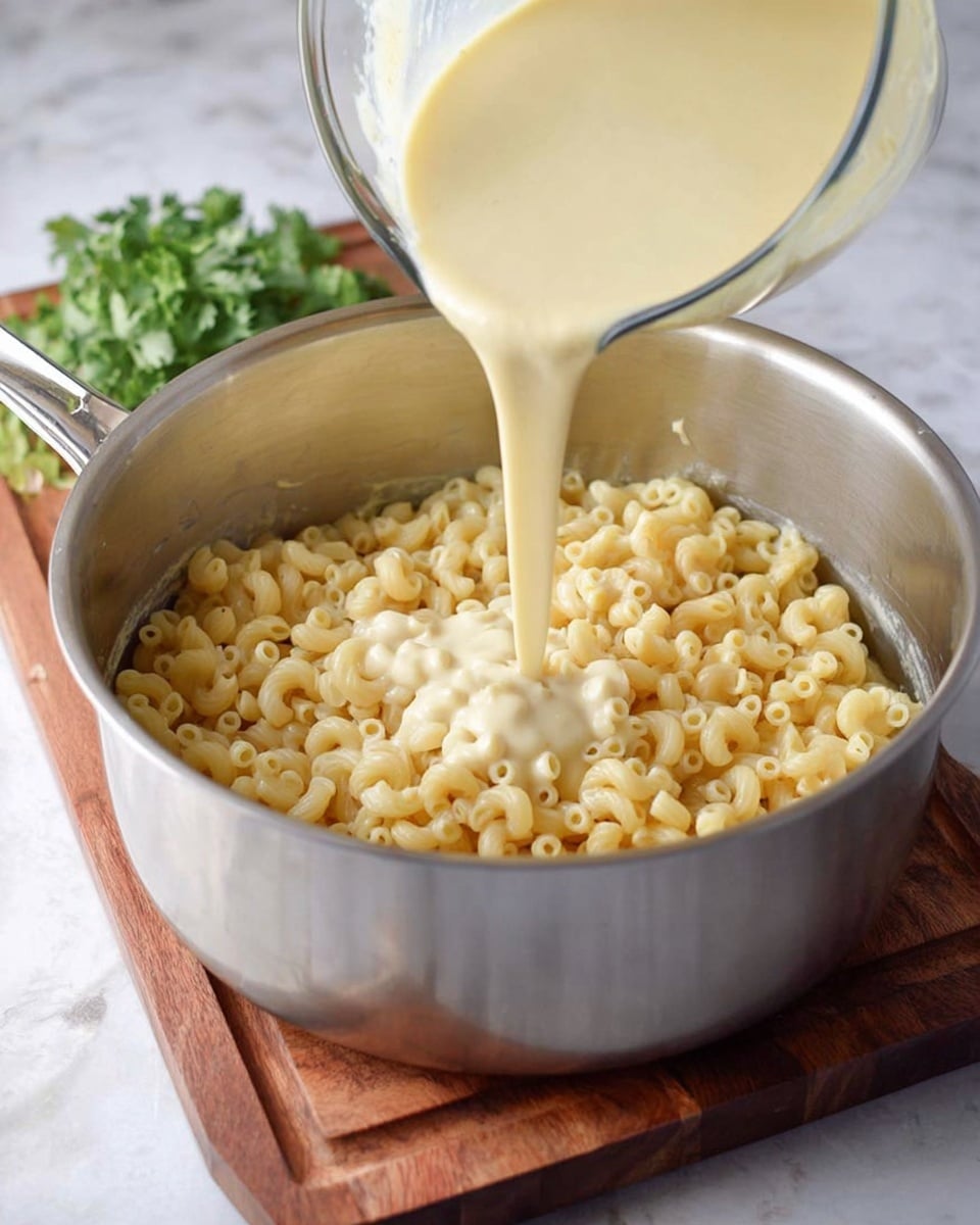 A large silver pot sits on a wooden board with cooked elbow macaroni filling it about three-quarters full. A clear glass measuring cup filled with smooth, creamy light yellow sauce is being poured into the macaroni from above, creating a stream of sauce reaching the pasta. In the background, green leafy herbs are slightly visible against a white marbled surface. The scene shows the pouring action mid-motion. photo taken with an iphone --ar 4:5 --v 7