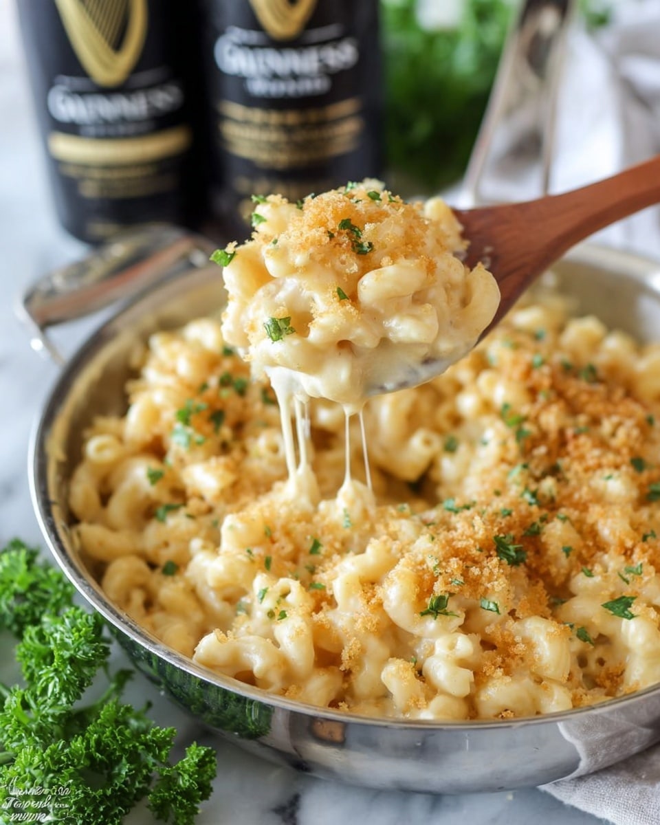 A close-up of creamy macaroni and cheese in a shiny silver pan, with small elbow pasta covered in a smooth, pale yellow cheese sauce. The top is sprinkled with golden brown breadcrumbs and tiny green herb pieces, adding texture. A wooden spoon lifts a portion, showing melted strings of cheese stretching from the pan. In the background, there is some fresh green parsley and two dark cans with gold labels, all set on a white marbled surface. photo taken with an iphone --ar 4:5 --v 7