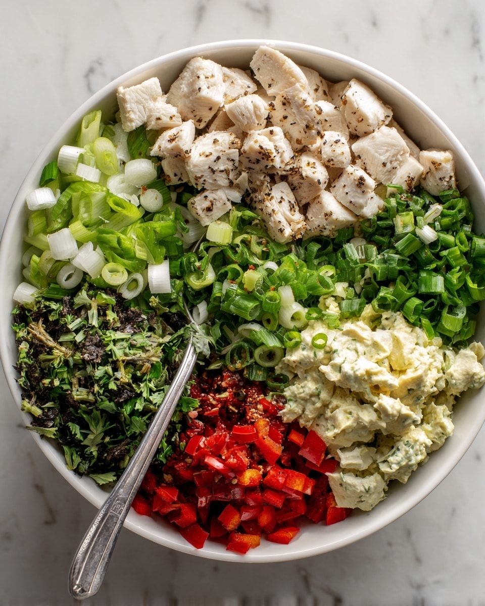 Two slices of white toast lie on a dark textured tray with starburst patterns, each topped with a thick layer of creamy chicken salad mixed with chopped red bell peppers and green herbs. Small bits of the salad are scattered on the tray, and a silver spoon with some salad on it rests beside the toasts. The background surface is a white marbled texture. photo taken with an iphone --ar 4:5 --v 7