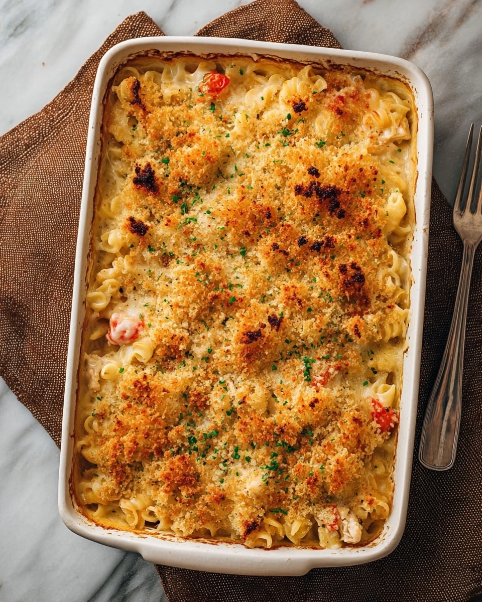 A white baking dish filled with a baked pasta casserole showing about two layers: the bottom layer is creamy pasta mixed with small pieces of light-colored meat and scattered red tomato chunks, while the top layer is a golden-brown crispy breadcrumb and melted cheese crust sprinkled with small green herb bits. The dish rests on a wooden table with a beige cloth napkin and a silver fork beside it. Photo taken with an iphone --ar 4:5 --v 7