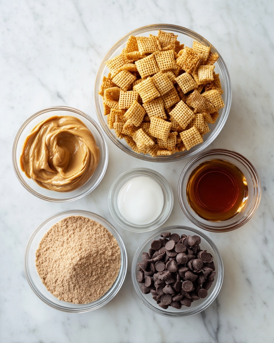 The image shows six clear glass bowls placed on a white marbled surface, each containing different ingredients. The largest bowl at the top center is filled with golden brown Chex mix cereal with a textured, grid-like pattern. To the left of it, a medium bowl holds smooth, creamy peanut butter in a light brown color. Below that, another medium-sized bowl contains light brown protein powder with a fine, slightly crumbly texture. On the right side, a similar-sized bowl is filled with maple syrup, showing a rich amber liquid. Below these, a small bowl contains solid white coconut oil, looking soft and creamy. Lastly, a medium glass bowl at the bottom right is full of shiny dark brown chocolate chips. All bowls are evenly spaced and neatly arranged. Photo taken with an iphone --ar 4:5 --v 7