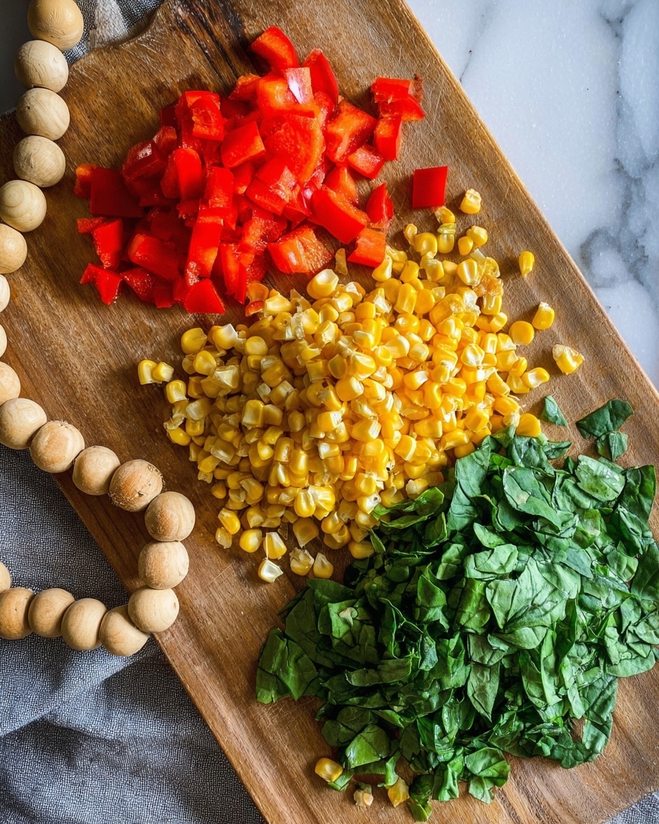 The image shows a wooden cutting board on a white marbled surface, with three piles of chopped ingredients arranged horizontally. On the left side, there are small, bright red pieces of bell pepper. In the center, there is a larger pile of yellow corn kernels with a shiny texture. On the right side, there are roughly chopped green leafy spinach pieces. The cutting board is placed on a grey cloth with large wooden beads on the left edge of the board. Photo taken with an iphone --ar 4:5 --v 7