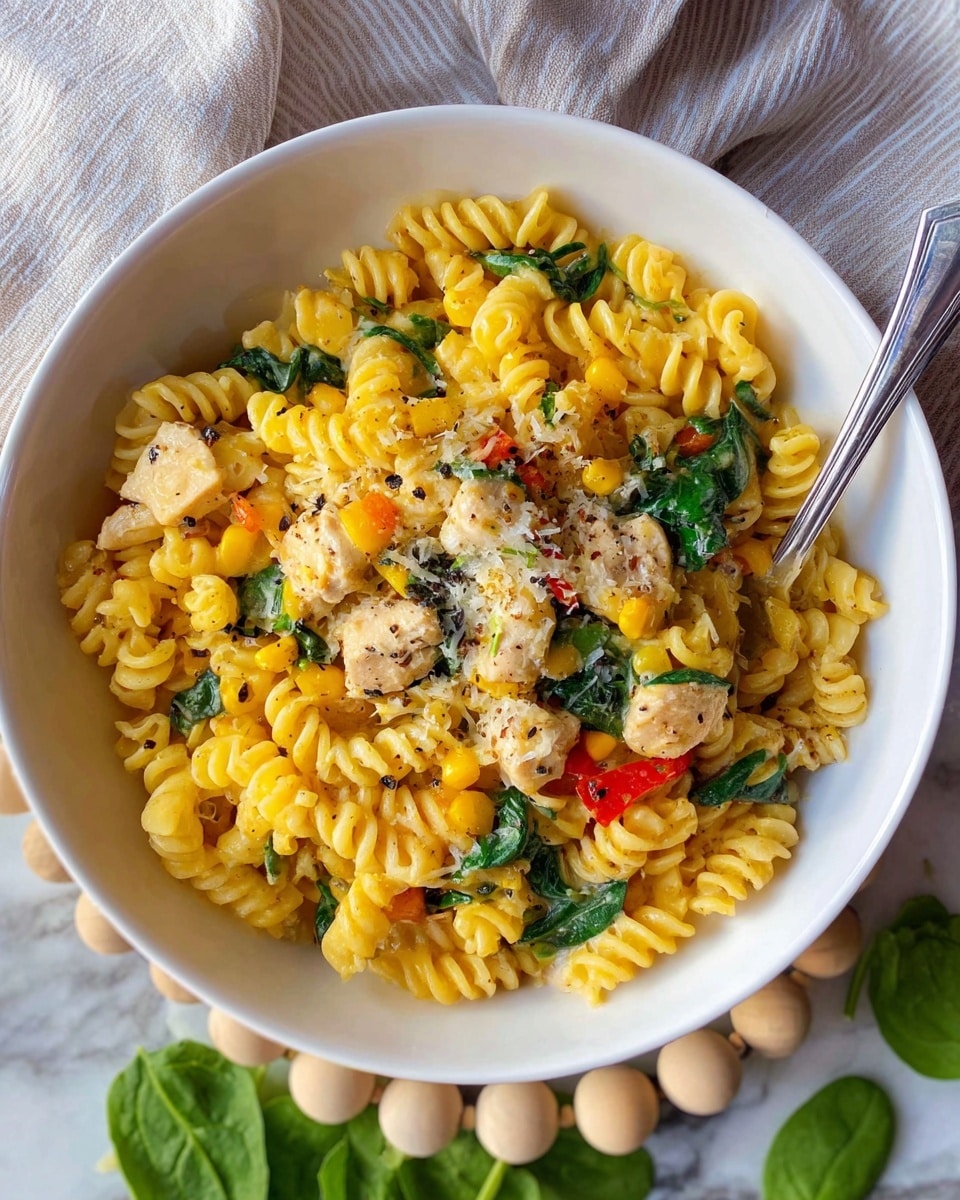 A white bowl filled with three main layers: the bottom layer is bright yellow rotini pasta with a smooth texture, mixed evenly with pieces of light beige cooked chicken. Scattered throughout the pasta are green spinach leaves, bright yellow corn kernels, and small red bell pepper chunks. The top layer features a light sprinkle of grated white cheese and black pepper flakes. A silver spoon rests inside the bowl, on the right side. The bowl sits on a white marbled surface, surrounded by a string of round, light wooden beads and a few spinach leaves, with a light gray striped cloth partially visible in the background photo taken with an iphone --ar 4:5 --v 7