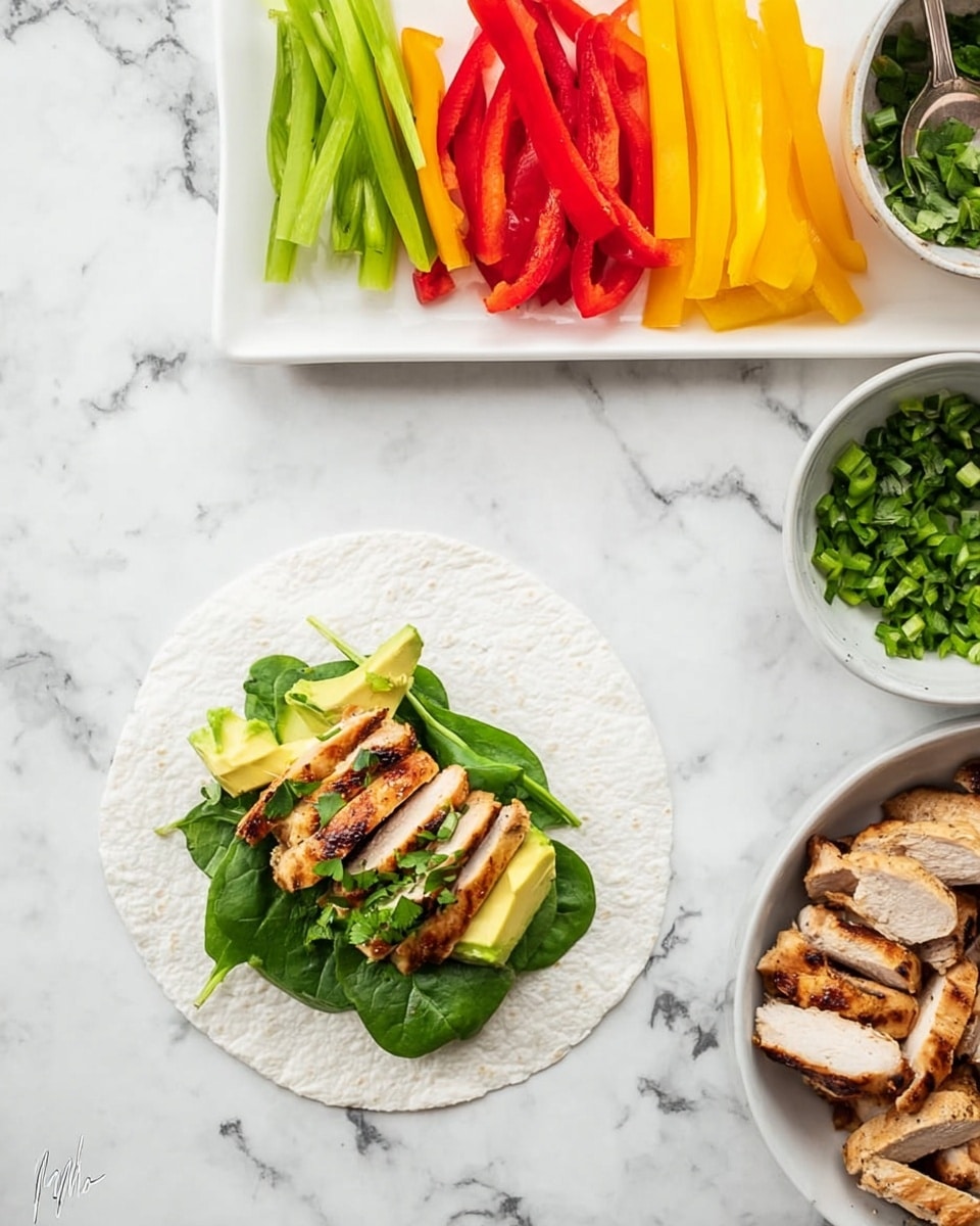 A top view of a white round rice paper wrapper placed on a white marbled surface, with two grilled chicken pieces layered on top of green spinach leaves, avocado slices, and chopped cilantro in the center. Above this, a rectangular white plate holds three sections of thin vegetable strips: red bell pepper on the left, yellow bell pepper in the middle, and a small bowl with chopped cilantro and green onions on the right with a spoon. To the right side, there is a white bowl filled with more sliced grilled chicken pieces. The overall look is clean and fresh, with vibrant colors of red, yellow, and green contrasting with the white background. photo taken with an iphone --ar 4:5 --v 7