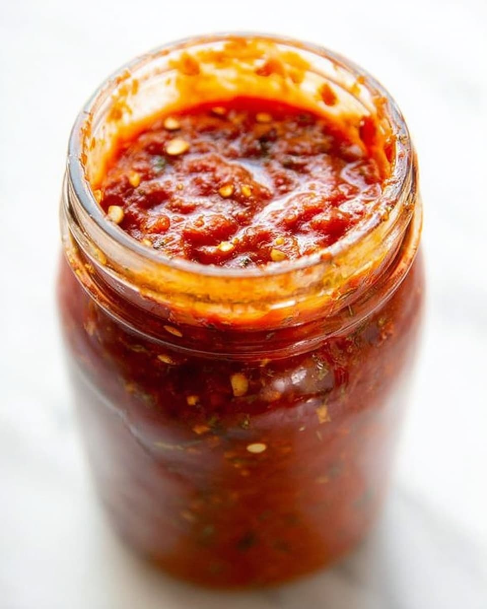 A close-up image of a white bowl filled with thick red salsa that has visible tiny green herbs mixed in. A woman's hand is holding a triangular white tortilla chip dipped into the salsa, showing the chip half covered with the chunky salsa. The background and surface are white marble, creating a clean and simple look. photo taken with an iphone --ar 4:5 --v 7