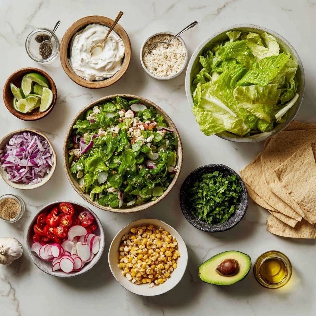 A white bowl filled with a colorful layered salad sits on a white marbled surface. The salad has a base of green leafy lettuce at the bottom layer. On top, from left to right, there are diced light green cucumbers, sliced red radishes, halved cherry tomatoes, sliced pale green avocado arranged in thin layers, and crispy golden brown strips stacked on the right side. Scattered throughout are black beans, small white corn kernels, and crumbled white cheese. The colors and textures create a fresh and vibrant look. A glass of light amber liquid is placed behind the bowl. Photo taken with an iphone --ar 4:5 --v 7
