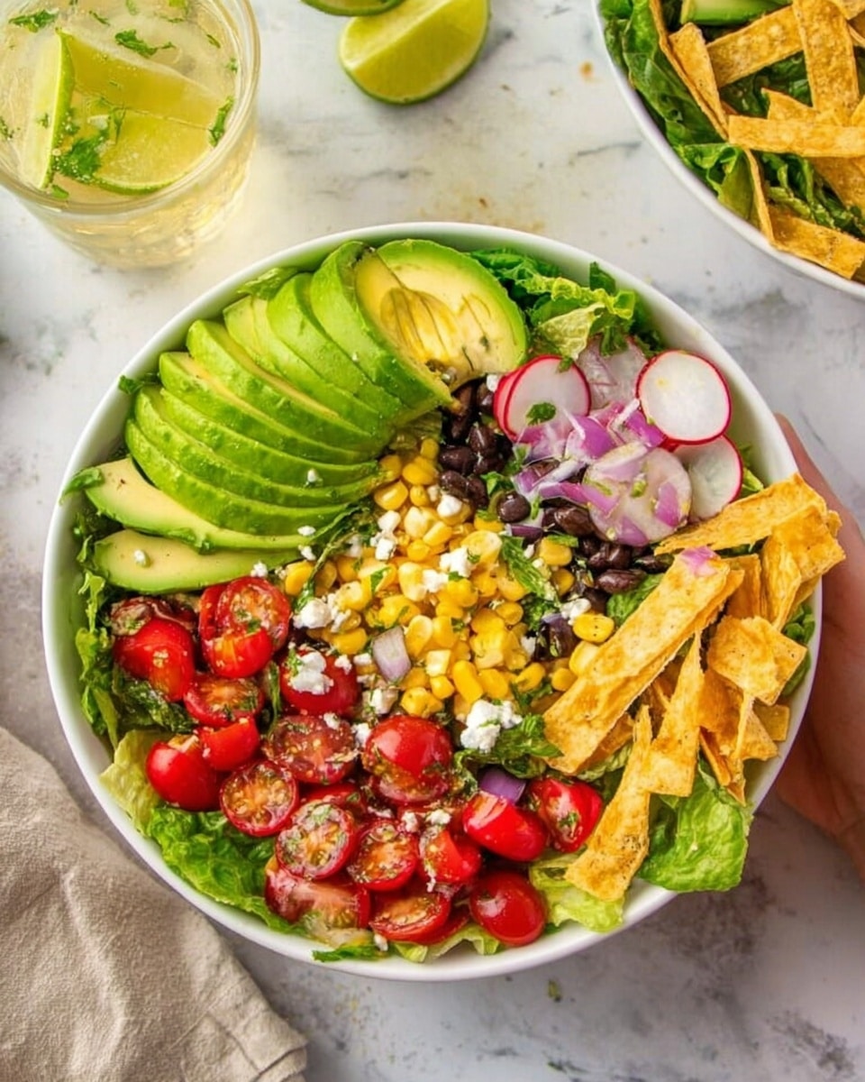 The image shows a white bowl filled with a fresh layered salad placed on a white marbled surface. The bottom layer is green lettuce leaves forming a base around the bowl. On top of the lettuce, there are slices of bright green avocado fanned out on one side, next to chopped yellow corn scattered across the salad. Halved red cherry tomatoes and sliced light purple onions are spread in the middle, along with thin round slices of radish placed closer to the edge. Black beans are scattered throughout the salad, providing dark spots contrasting the colorful veggies. Crispy thin golden strips of tortilla chips are layered on one side, adding texture. A white woman's hand is holding the edge of the bowl, and in the background, there is a glass of light yellow liquid with a green lime wedge and another white bowl of salad. Photo taken with an iphone --ar 4:5 --v 7