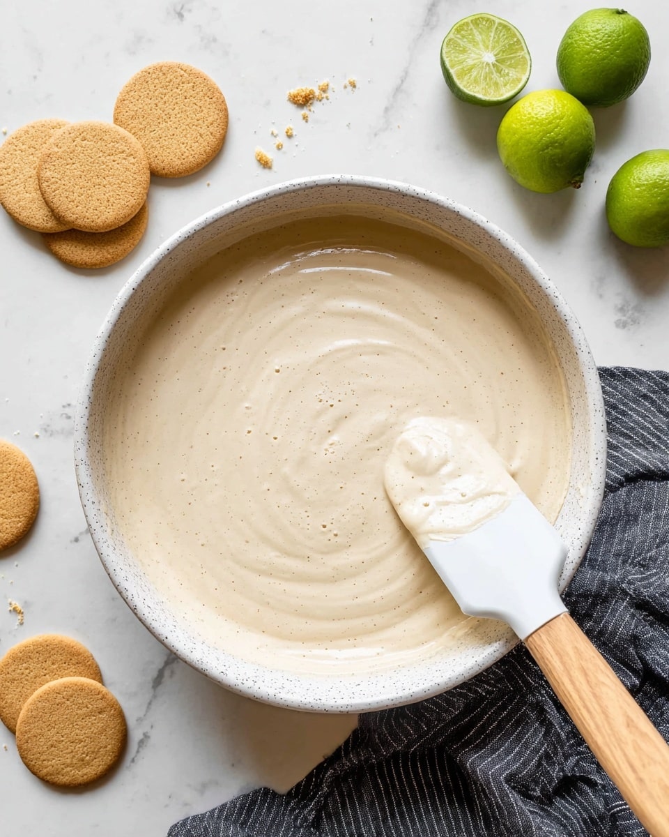 The image shows a round white speckled bowl filled with a smooth, creamy light beige mixture that has a slightly frothy texture on the top. Inside the bowl, on the right side, there is a white spatula with a wooden handle partially dipped into the mixture. Around the bowl, there are several golden beige round biscuits scattered on a white marbled surface, along with three small bright green limes positioned on the upper right side next to a dark gray striped cloth. The scene is bright and clean with soft natural light. photo taken with an iphone --ar 4:5 --v 7