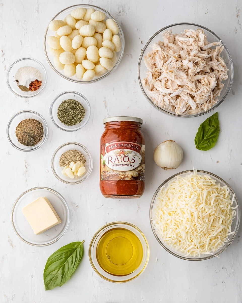 A collection of cooking ingredients is arranged on a white marbled surface, including two medium-sized clear bowls at the top holding plain white gnocchi on the left and shredded light tan chicken on the right. Below these, six smaller clear bowls contain various spices and seasonings: dried green herbs, black pepper, salt, garlic powder with a light beige color, and minced fresh garlic. At the bottom left, a small square of butter and a small bowl of chopped white onion are visible. A large jar of Rao’s Homemade Tomato Basil sauce is centered on the surface, with a bright green basil leaf placed to its right. Bottom right shows a medium bowl of shredded white and pale yellow cheese, and a small bowl filled with golden olive oil sits near the center. The overall scene is clean, organized, and well-lit. Photo taken with an iphone --ar 4:5 --v 7