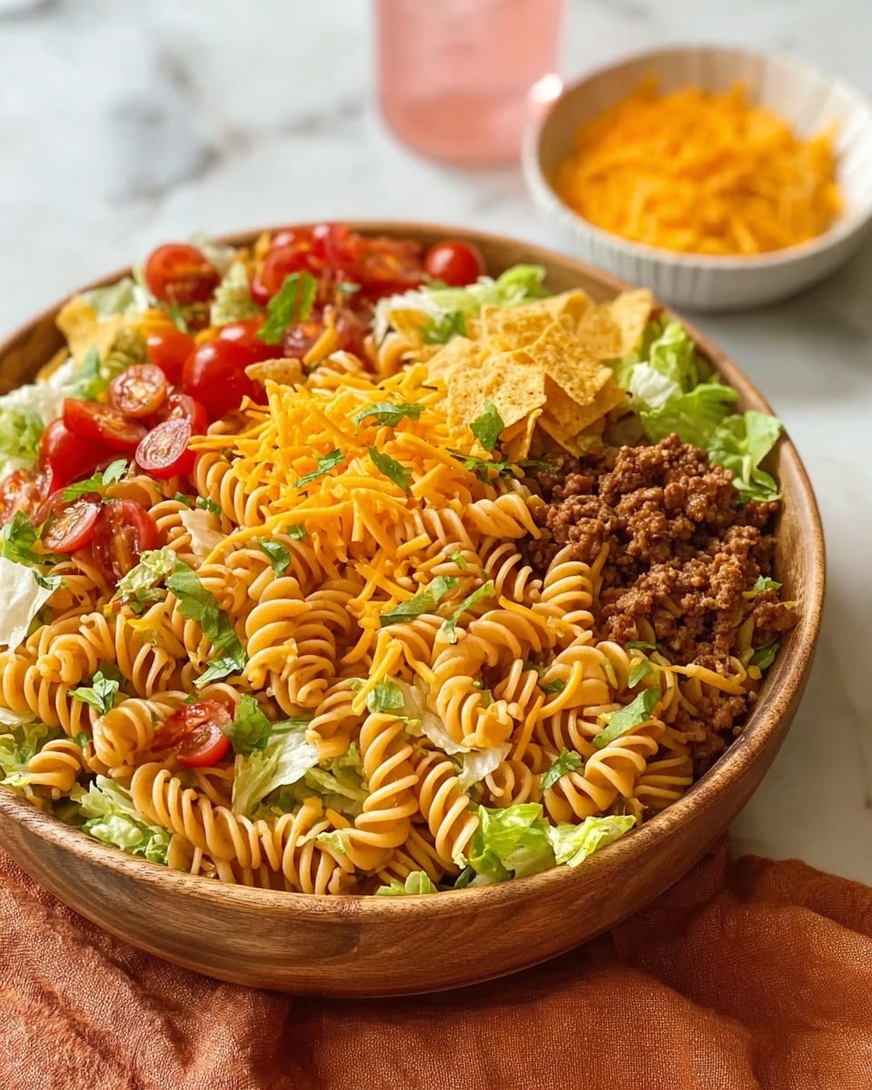 A large wooden bowl is filled with a pasta salad that has three main layers: the bottom layer is pale tan spiral pasta, the middle layer is a mix of ground meat, light green shredded lettuce, and halved red cherry tomatoes, and the top layer is scattered pieces of orange corn chips and shredded yellow cheddar cheese. To the upper left of the bowl is a small white bowl filled with shredded yellow cheddar cheese, and to the upper right is a clear glass of light pink drink with ice cubes. The setting is on a light wood surface with a soft orange cloth near the bottom left and a few green herb leaves near the top left. photo taken with an iphone --ar 4:5 --v 7