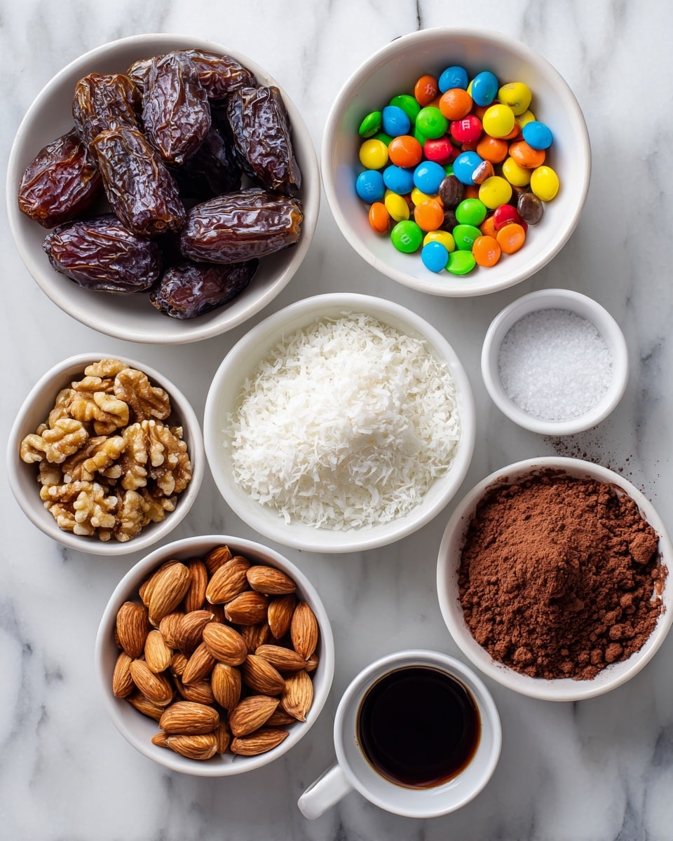 Seven white bowls are arranged on a white marbled surface, each holding different ingredients. At the top left, a bowl is filled with dark brown medjool dates showing their shiny, wrinkled skin. To the right, a smaller bowl holds tiny round candy-coated chocolate chips in bright colors like red, yellow, green, blue, and orange. Below the dates, another bowl contains white shredded coconut with a fluffy texture. In the center, a bowl of light to medium brown walnuts with rough, irregular shapes is visible. To the bottom left, a bowl is full of smooth, light brown almonds. Next to the almonds, a bowl holds rich, dark brown cocoa powder with a fine, soft texture. On the far right, a small white cup with dark vanilla liquid and a tiny white bowl with fine white salt complete the setup. Photo taken with an iphone --ar 4:5 --v 7