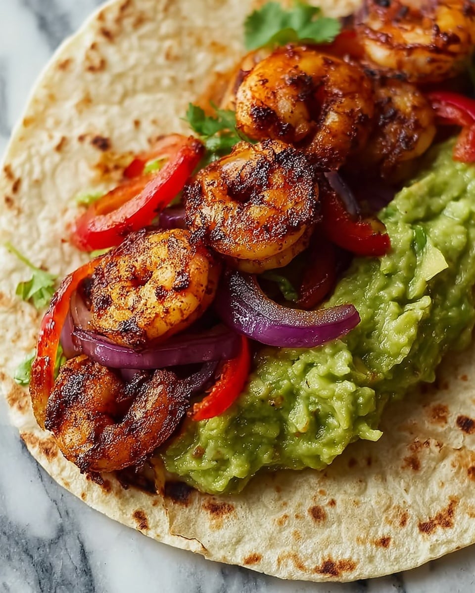 A soft white tortilla unfolded on a white marbled surface holds grilled shrimp with a charred, golden brown color as the main layer, mixed with slices of red bell pepper and purple onion adding bright red and violet tones. On one side of the shrimp is a thick layer of chunky, light green guacamole, giving a creamy texture to the dish. The tortilla is partly folded over the filling, showing a close-up of the colorful and textured ingredients. Photo taken with an iphone --ar 4:5 --v 7