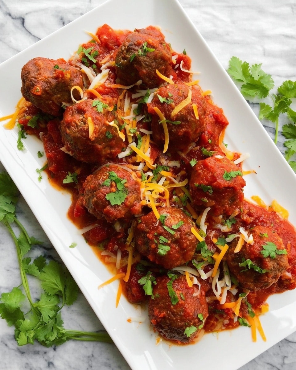 A white plate sits on a green cloth over a white marbled surface, holding a serving of light brown rice that fills most of the plate. On top of the rice, there are three round meatballs covered in a reddish-brown sauce with visible small pieces of tomato. The meatballs are sprinkled with thin yellow and white shredded cheese and garnished with small green cilantro leaves. Some pieces of tomato and cilantro also rest on the rice around the meatballs. The photo taken with an iphone --ar 4:5 --v 7