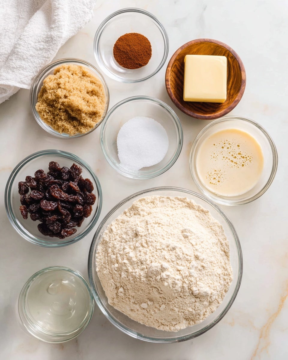 The image shows seven small clear glass bowls arranged on a white marbled surface. In the front center, there is a large clear glass bowl filled with light beige flour with a slightly rough texture. Behind it, from left to right, there are smaller bowls holding beige brown sugar with a crumbly texture, white salt with fine grains, dark cinnamon powder in a small wooden bowl, dark brown raisins with a wrinkled texture, a solid pale yellow cube of butter, clear water in a bowl showing the surface reflection, and a bowl with smooth, light beige batter that has some bubbles on top. A white cloth is partially visible at the top left corner. photo taken with an iphone --ar 4:5 --v 7