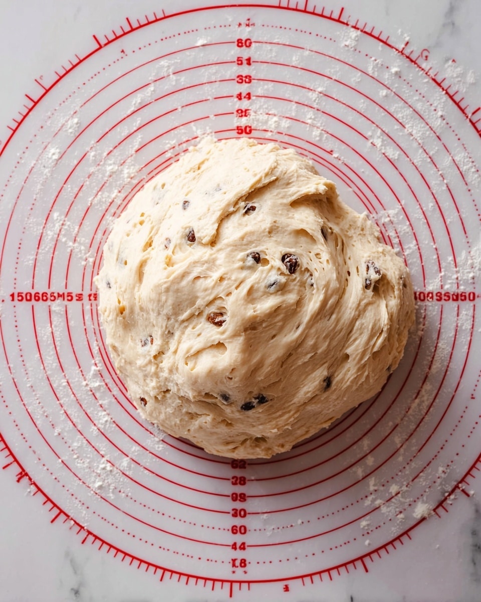 A lump of creamy, light beige dough mixed with small dark spots, likely raisins or similar, sits on a white marbled surface with red measurement rings and numbers marked around it, showing inches and centimeters from 9-inch to 14-inch circles, with some scattered white flour dusted near the dough edges. The dough texture looks soft and slightly sticky, with folds and gentle swirls on the top. Photo taken with an iphone --ar 4:5 --v 7