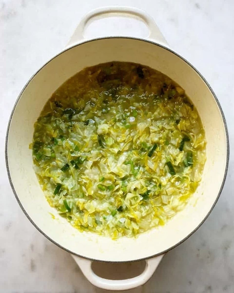 A white pot with two handles holds a mixture of small chopped green and yellow vegetables cooked in liquid. The vegetables are spread evenly in one layer at the bottom of the pot, showing a soft and slightly chunky texture with some shine from the liquid. The pot sits on a white marbled surface. Photo taken with an iphone --ar 4:5 --v 7