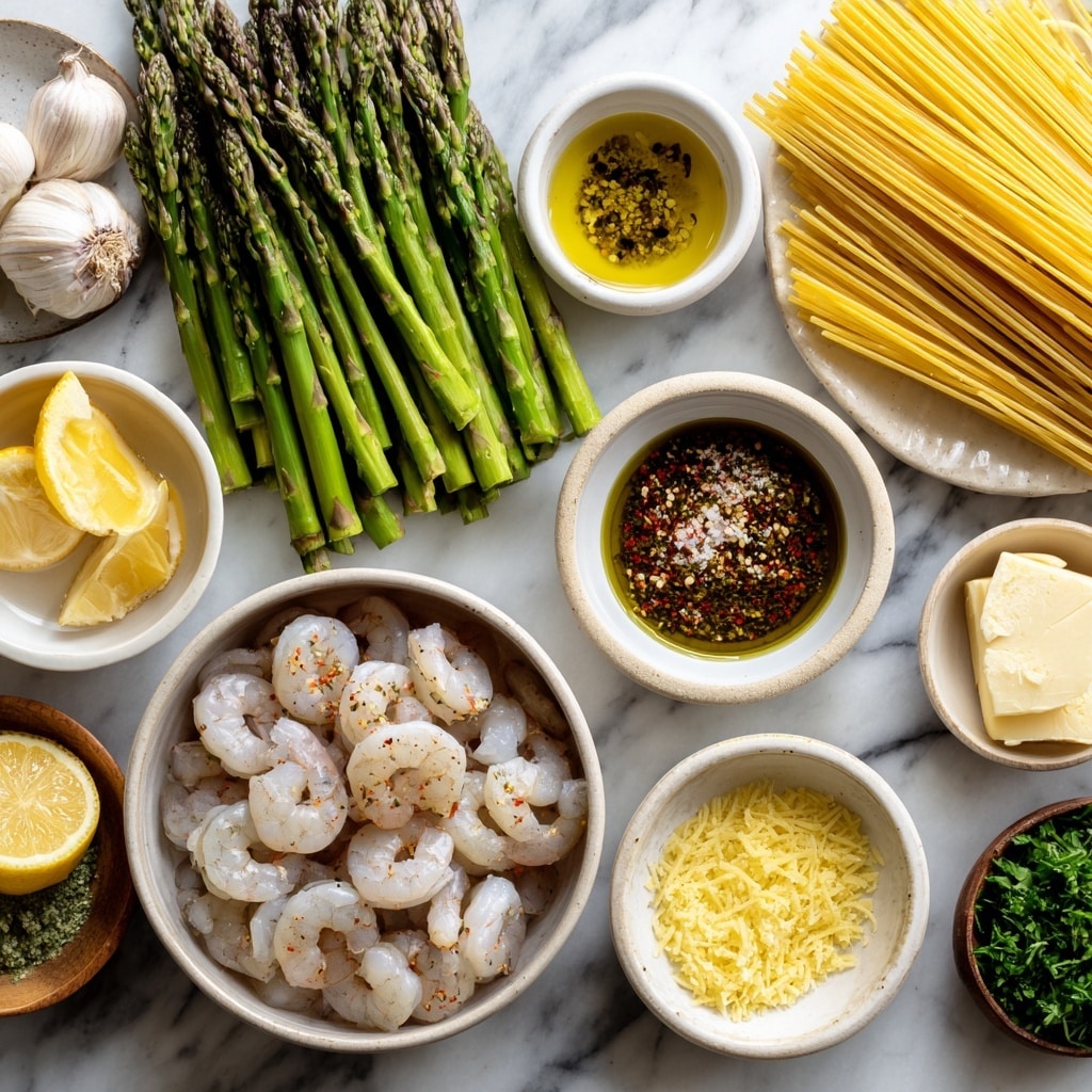 A white plate holds a mound of thin yellow spaghetti noodles mixed with bright green asparagus spears and several light pink shrimp scattered on top and throughout. The noodles look soft and creamy, slightly glossy, with small bits of green herbs like parsley sprinkled all over. The shrimp have a light seasoning of pepper and a bit of grated cheese is sprinkled lightly on top. The plate sits on a white marbled surface, and blurred asparagus stalks can be seen in the back. Photo taken with an iphone --ar 4:5 --v 7